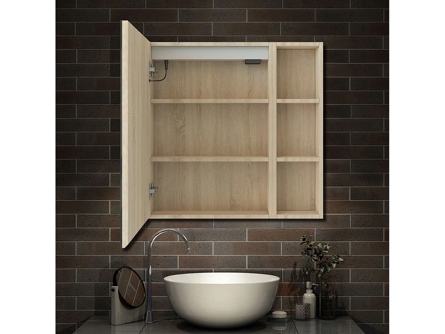 AICA Armoire murale de salle de bain LED, avec Prise Rasoir, 70x50cm, Anti-Buée + Tricolore, avec armoire latérale, Chêne