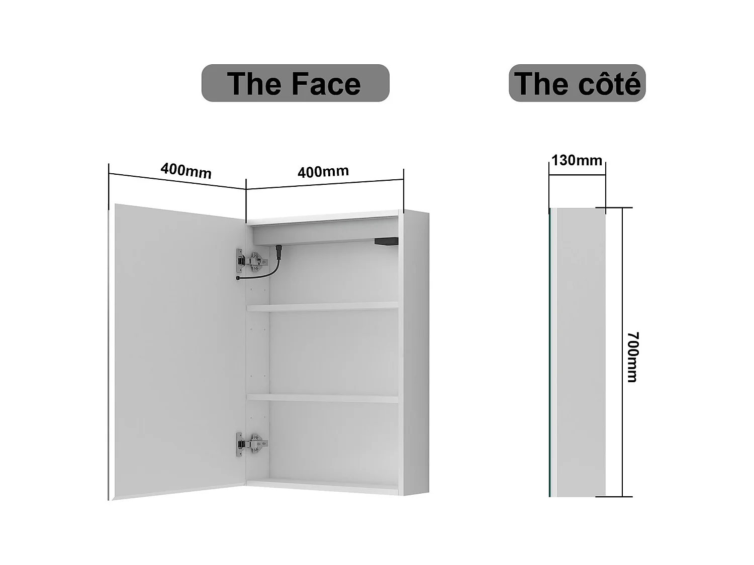 AICA Armoire murale de salle de bain LED, LED + Dimmable + Prise + Anti-Buée, 70x50cm, Blanc