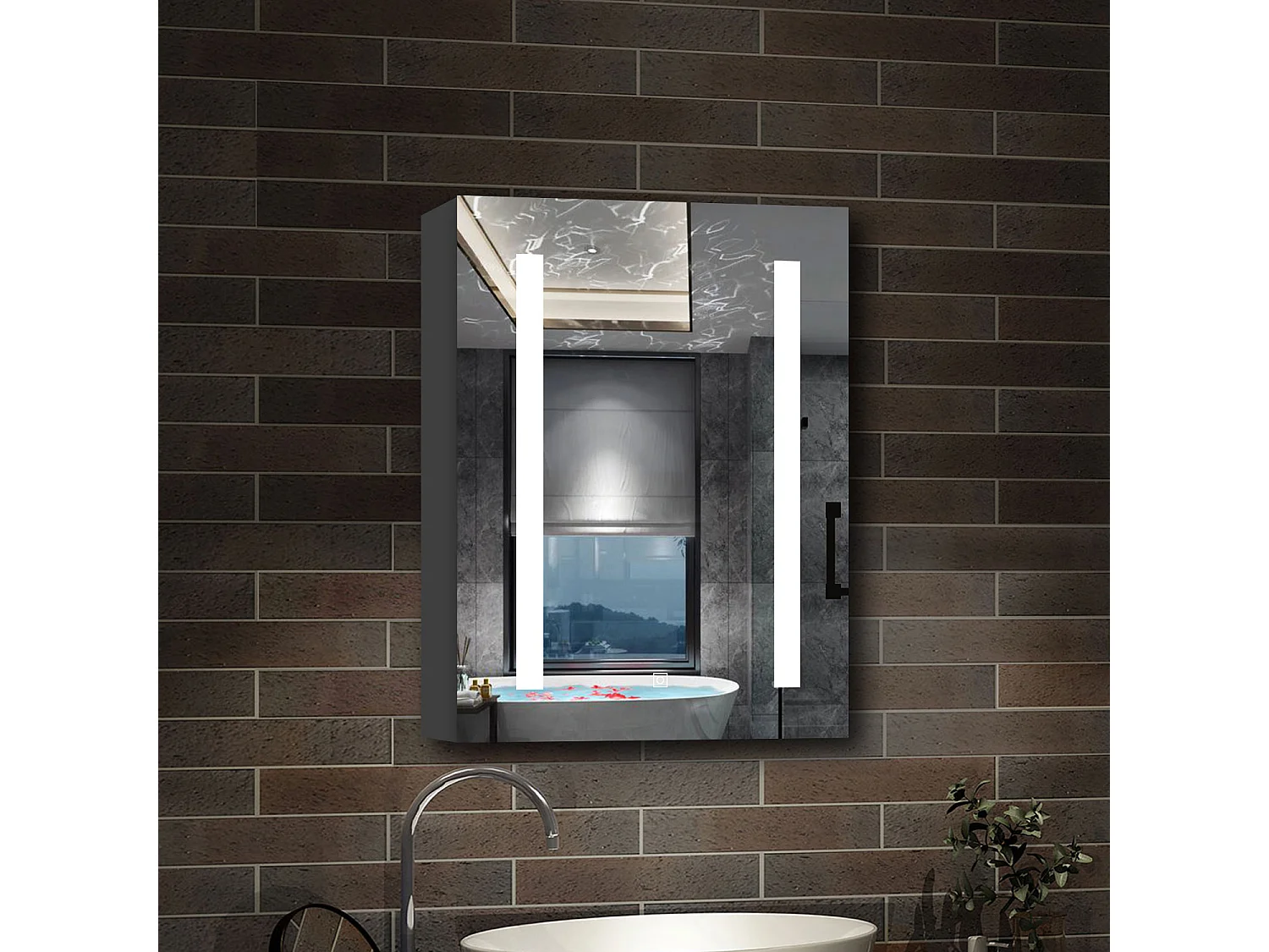 AICA Armoire murale de salle de bain LED, LED + Dimmable + Prise + Anti-Buée, 70x50cm, Anthracite