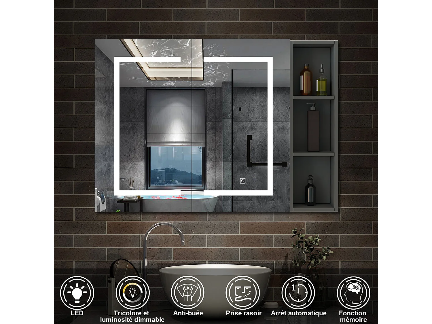 AICA Armoire murale de salle de bain LED, 80x70cm avec Prise Rasoir+Anti-Buée + Tricolore + Dimmable +armoire latérale, Anthracite