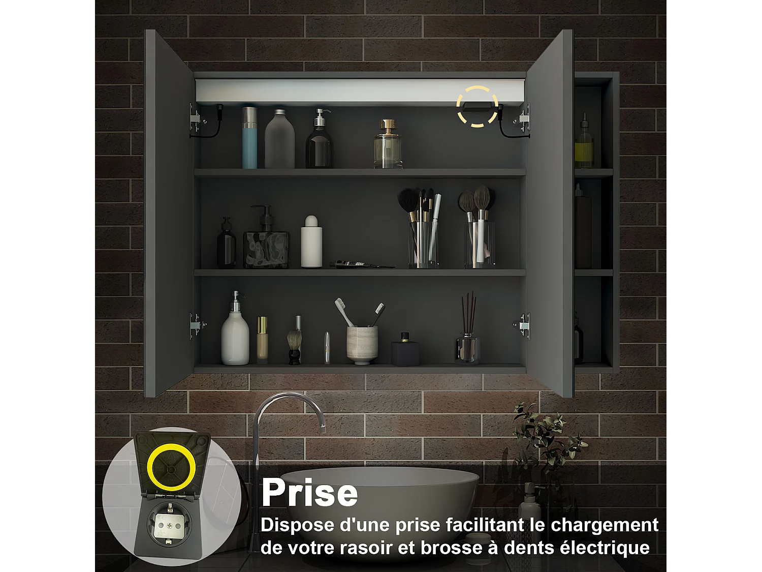 AICA Armoire murale de salle de bain LED, 80x70cm avec Prise Rasoir+Anti-Buée + Tricolore + Dimmable +armoire latérale, Anthracite