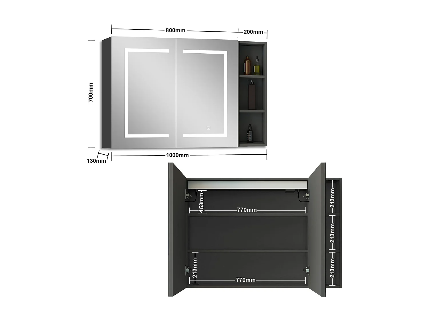 AICA Armoire murale de salle de bain LED, 80x70cm avec Prise Rasoir+Anti-Buée + Tricolore + Dimmable +armoire latérale, Anthracite