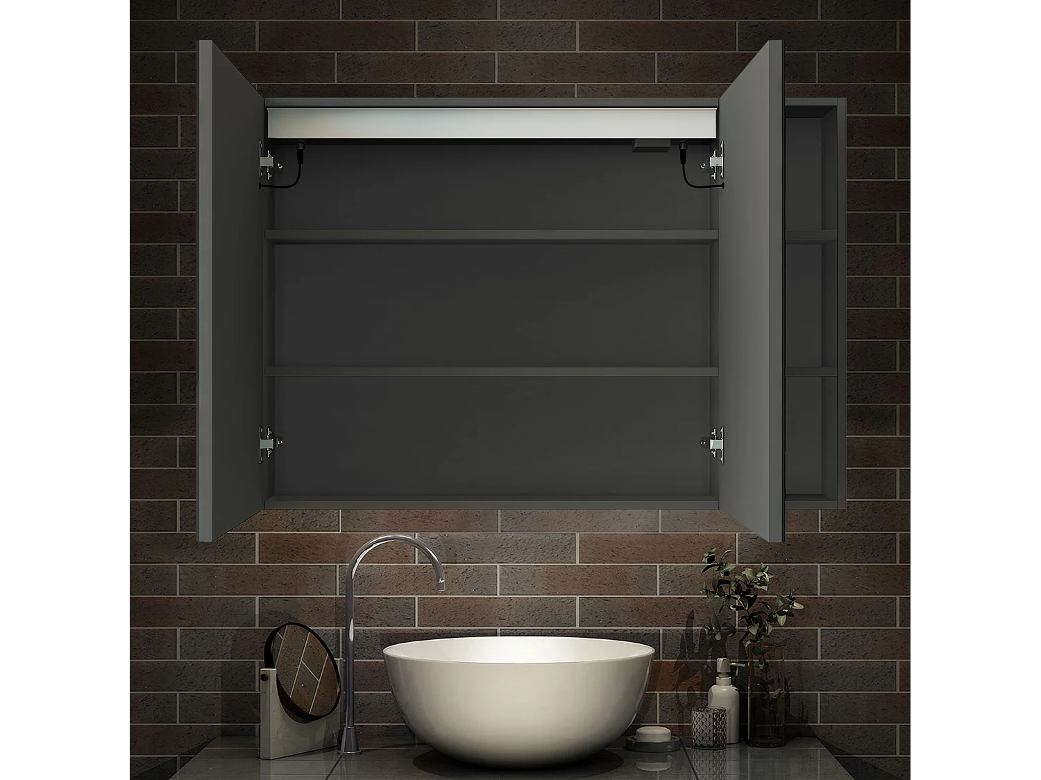 AICA Armoire murale de salle de bain LED, 80x70cm avec Prise Rasoir+Anti-Buée + Tricolore + Dimmable +armoire latérale, Anthracite