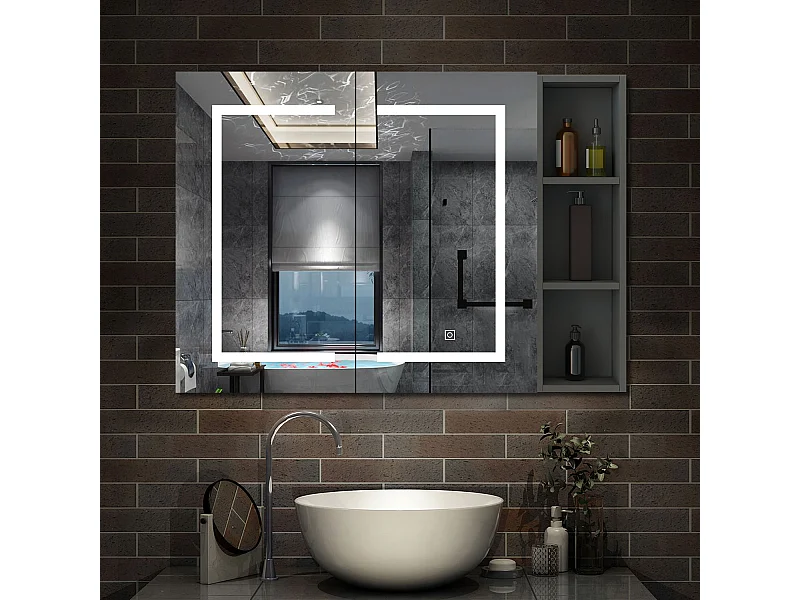 AICA Armoire murale de salle de bain LED, 80x70cm avec Prise Rasoir+Anti-Buée + Tricolore + Dimmable +armoire latérale, Anthracite