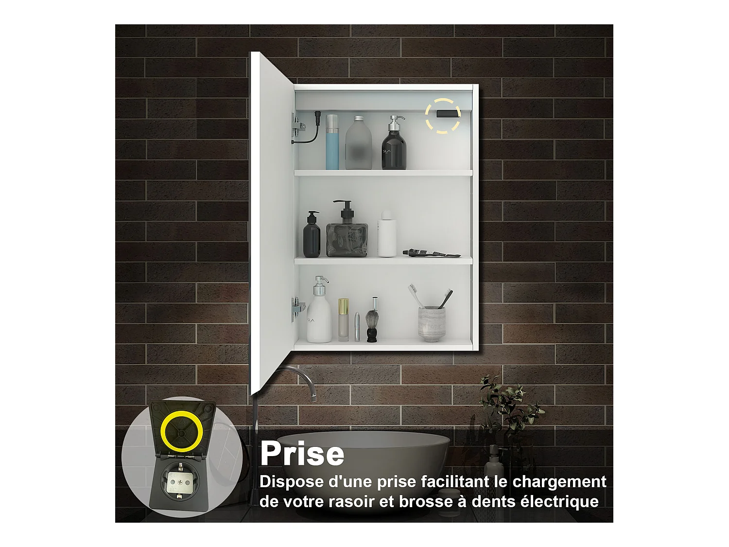 AICA Armoire murale de salle de bain LED, LED + Dimmable + Prise + Anti-Buée, 70x40cm, Blanc