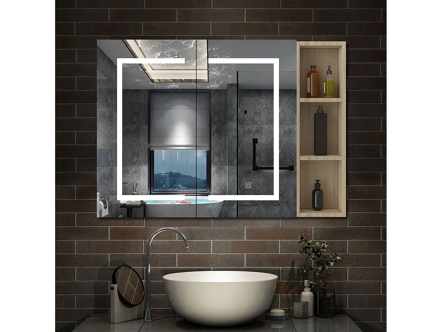 AICA Armoire murale de salle de bain LED, 80x70cm avec Prise Rasoir+Anti-Buée + Tricolore + Dimmable +armoire latérale, Chêne