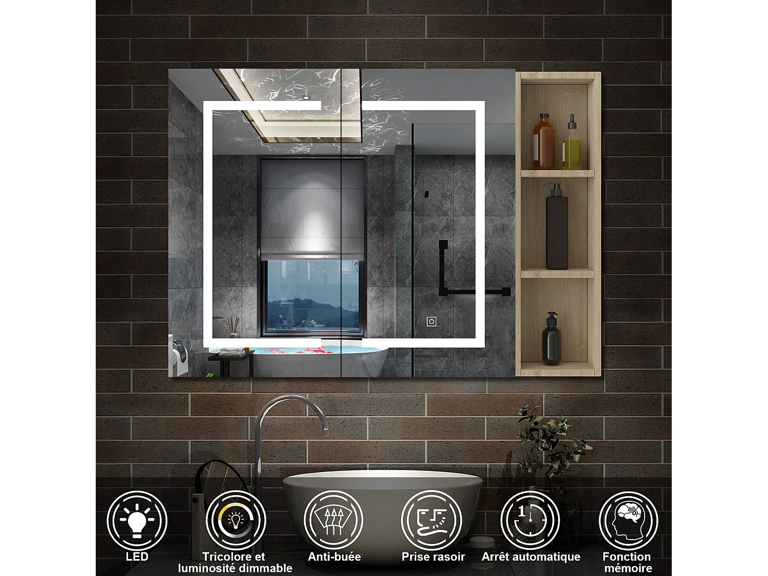 AICA Armoire murale de salle de bain LED, 80x70cm avec Prise Rasoir+Anti-Buée + Tricolore + Dimmable +armoire latérale, Chêne