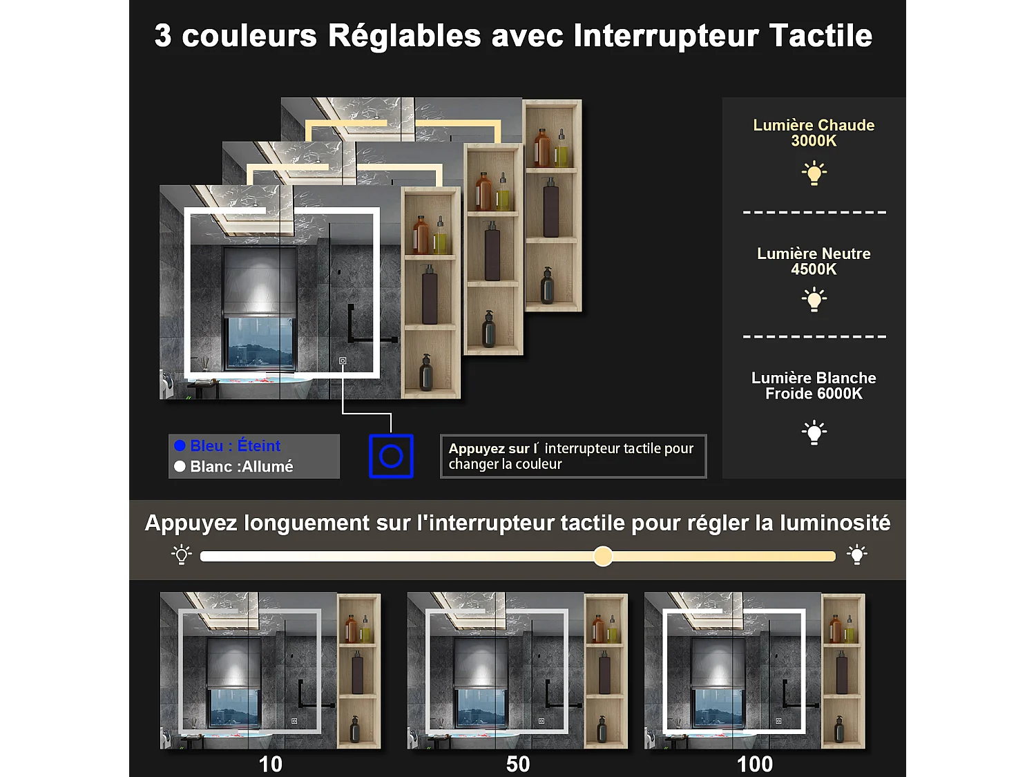 AICA Armoire murale de salle de bain LED, 80x70cm avec Prise Rasoir+Anti-Buée + Tricolore + Dimmable +armoire latérale, Chêne
