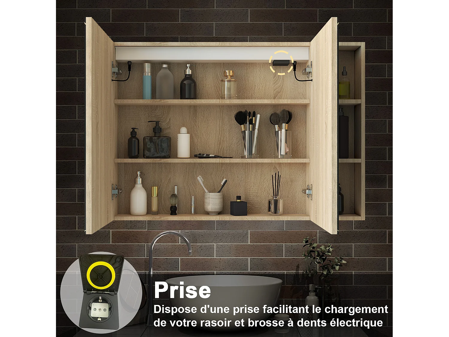 AICA Armoire murale de salle de bain LED, 80x70cm avec Prise Rasoir+Anti-Buée + Tricolore + Dimmable +armoire latérale, Chêne