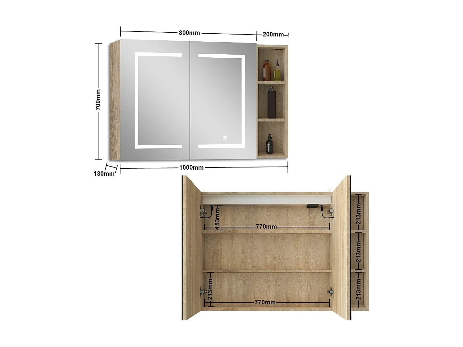 AICA Armoire murale de salle de bain LED, 80x70cm avec Prise Rasoir+Anti-Buée + Tricolore + Dimmable +armoire latérale, Chêne
