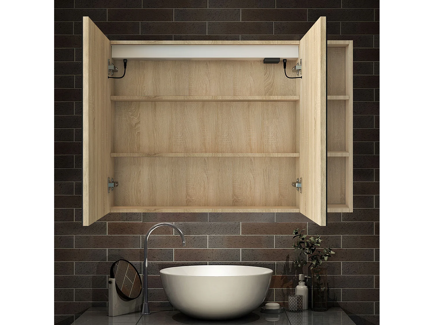 AICA Armoire murale de salle de bain LED, 80x70cm avec Prise Rasoir+Anti-Buée + Tricolore + Dimmable +armoire latérale, Chêne