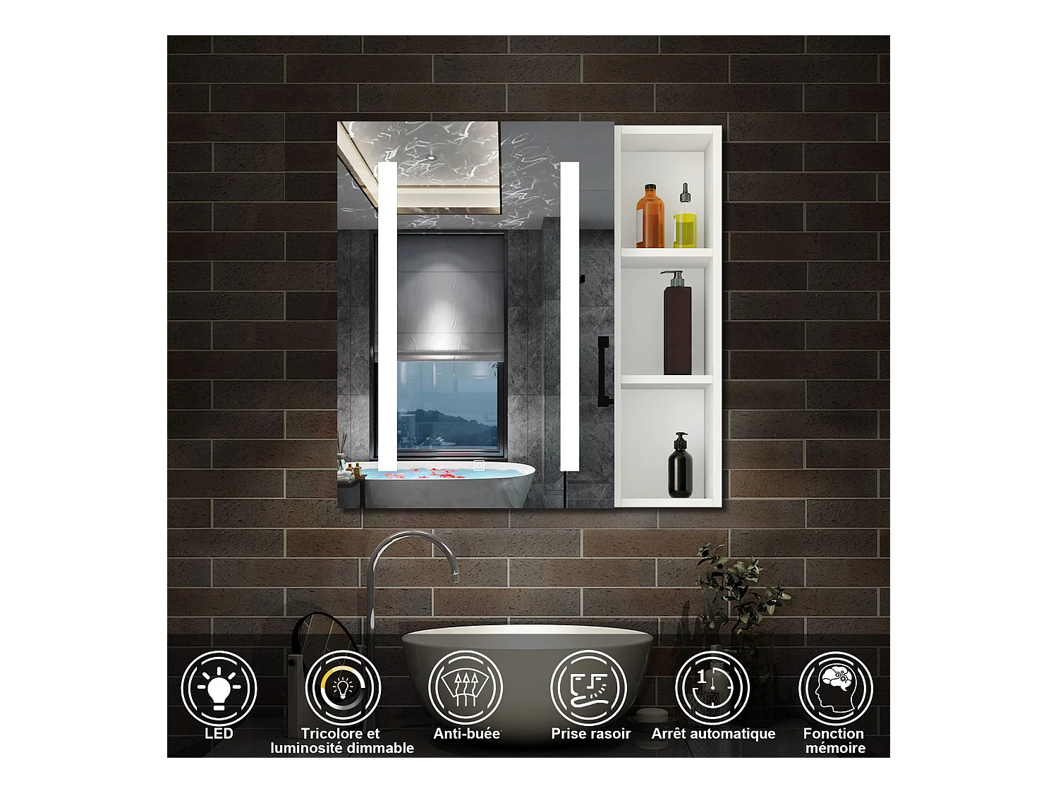 AICA Armoire murale de salle de bain LED, 70x40cm avec Prise Rasoir+Anti-Buée + Tricolore + Dimmable +armoire latérale, Blanc