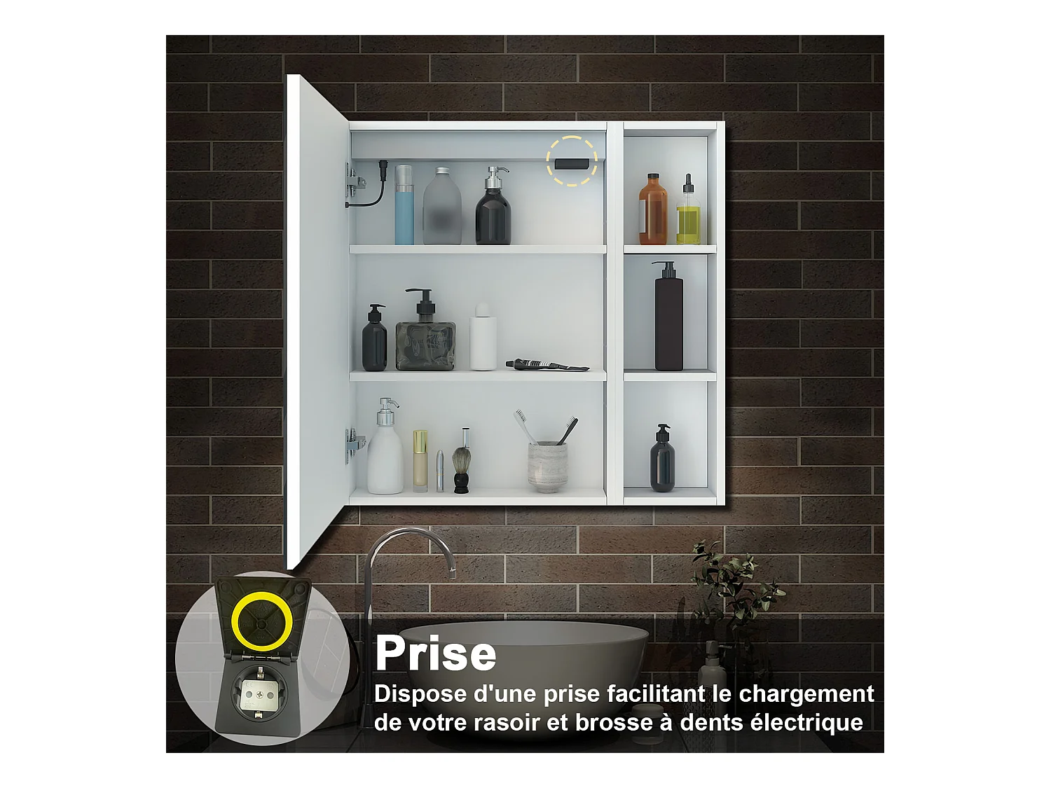 AICA Armoire murale de salle de bain LED, 70x40cm avec Prise Rasoir+Anti-Buée + Tricolore + Dimmable +armoire latérale, Blanc