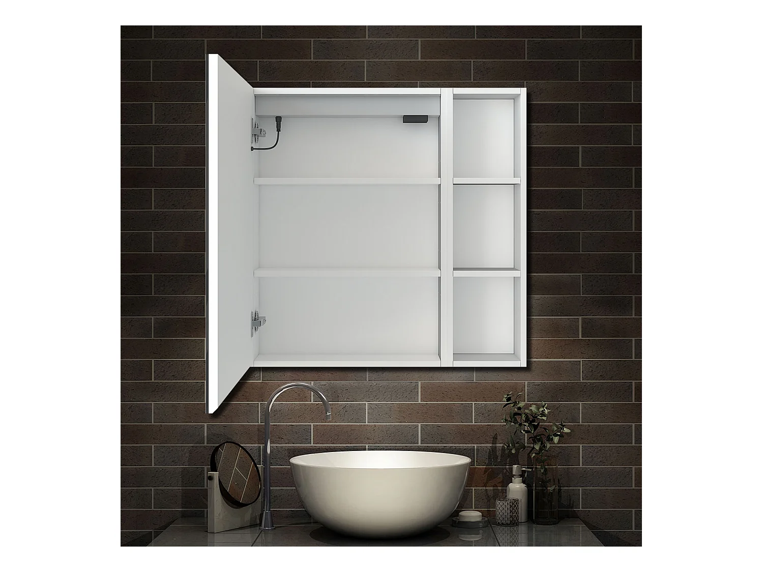 AICA Armoire murale de salle de bain LED, 70x40cm avec Prise Rasoir+Anti-Buée + Tricolore + Dimmable +armoire latérale, Blanc