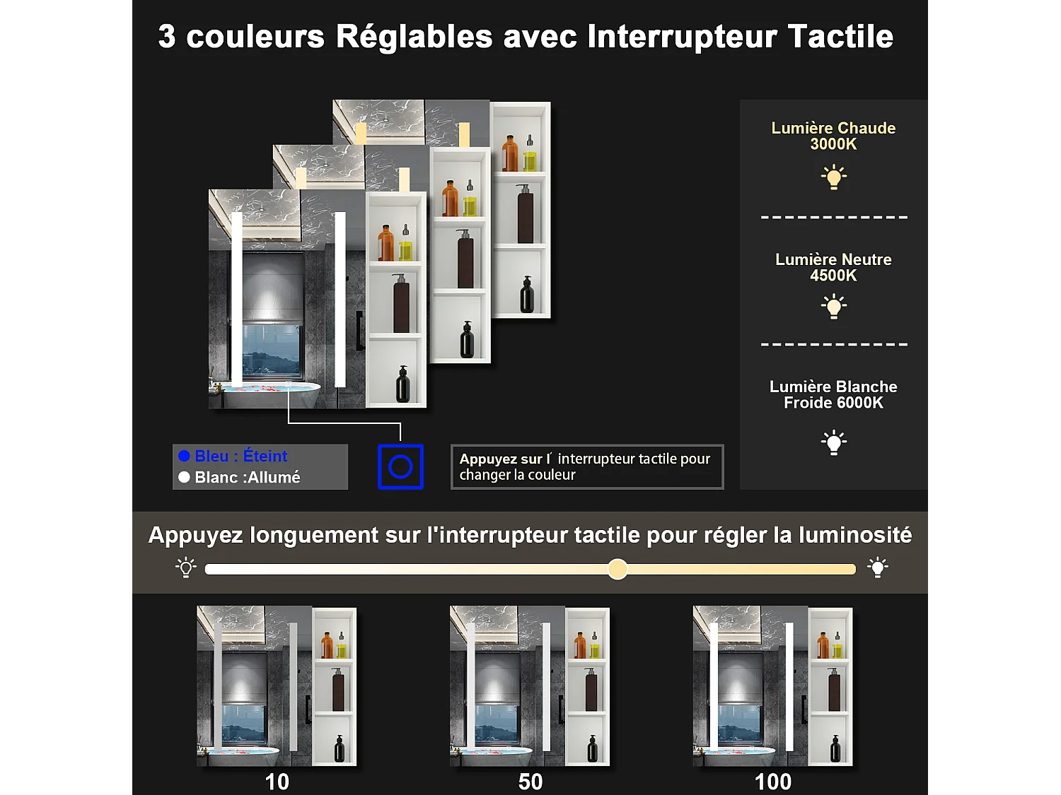 AICA Armoire murale de salle de bain LED, 70x40cm avec Prise Rasoir+Anti-Buée + Tricolore + Dimmable +armoire latérale, Blanc