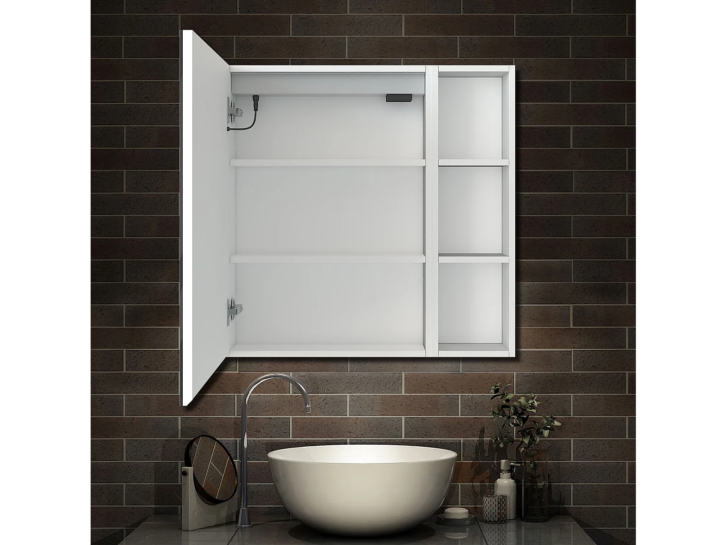 AICA Armoire murale de salle de bain LED, avec Prise Rasoir, 70x60cm, Anti-Buée + Tricolore, avec armoire latérale, Blanc