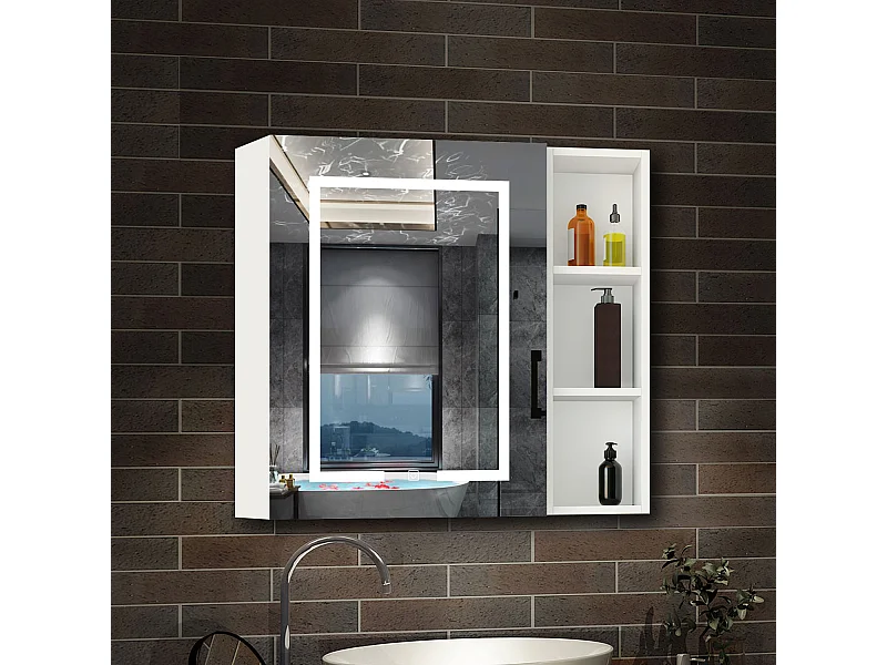 AICA Armoire murale de salle de bain LED, avec Prise Rasoir, 70x60cm, Anti-Buée + Tricolore, avec armoire latérale, Blanc