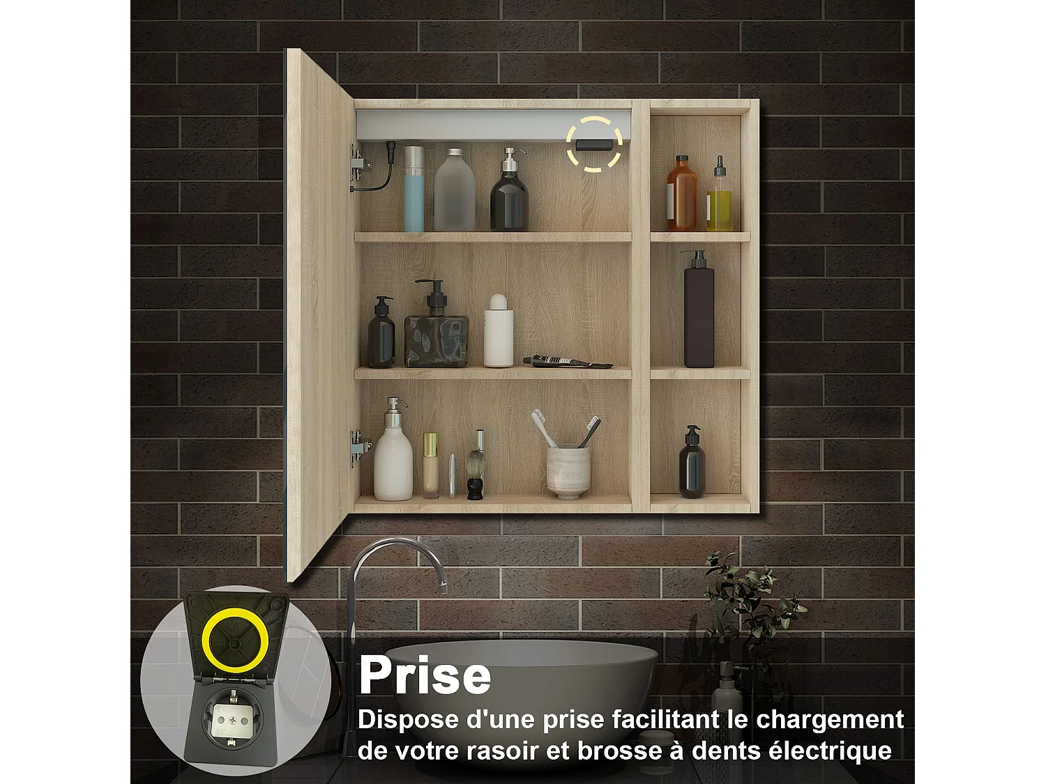 AICA Armoire murale de salle de bain LED, avec Prise Rasoir, 70x40cm, Anti-Buée + Tricolore, avec armoire latérale, Chêne