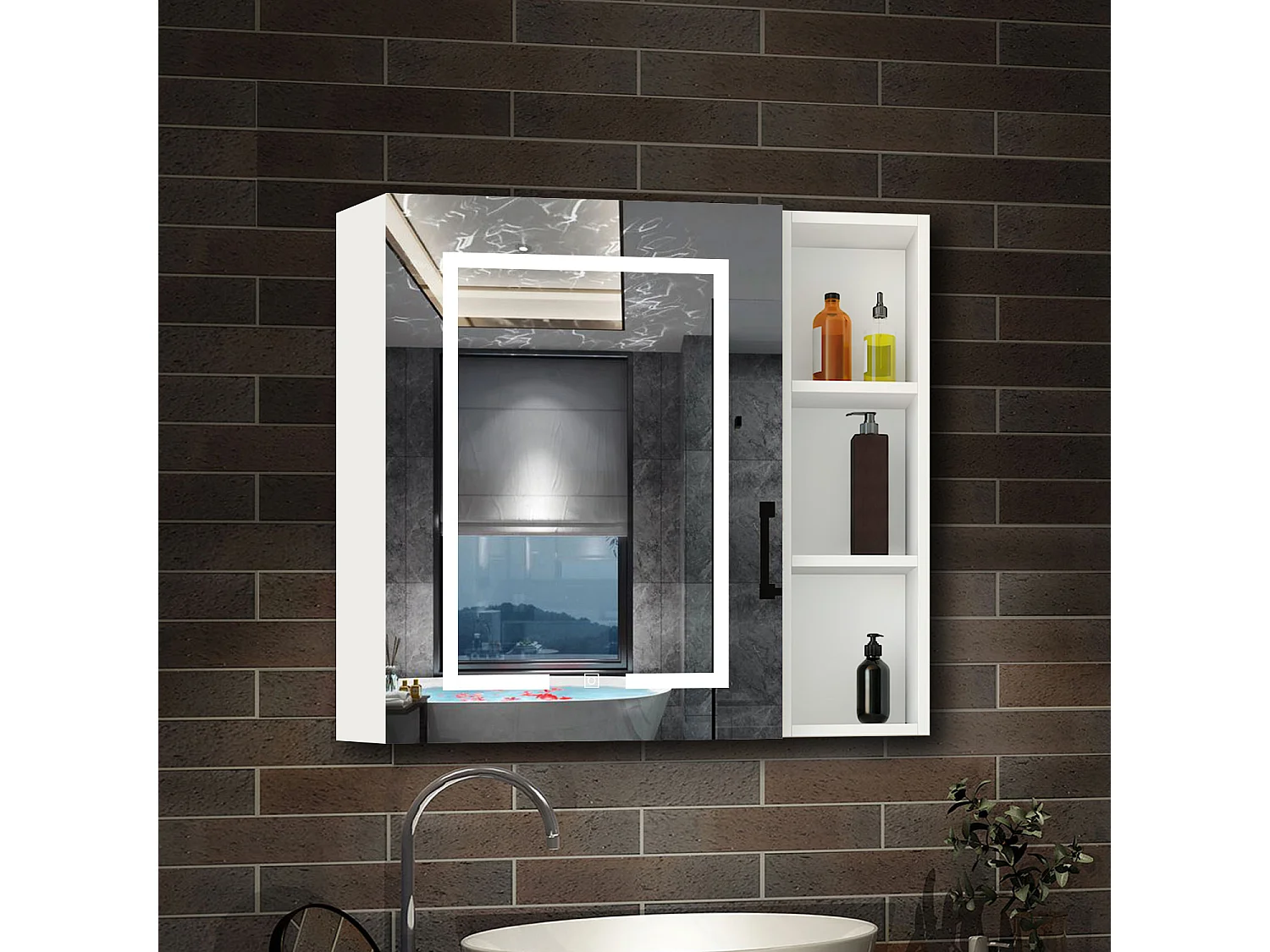 AICA Armoire murale de salle de bain LED, avec Prise Rasoir, 70x50cm, Anti-Buée + Tricolore, avec armoire latérale, Blanc
