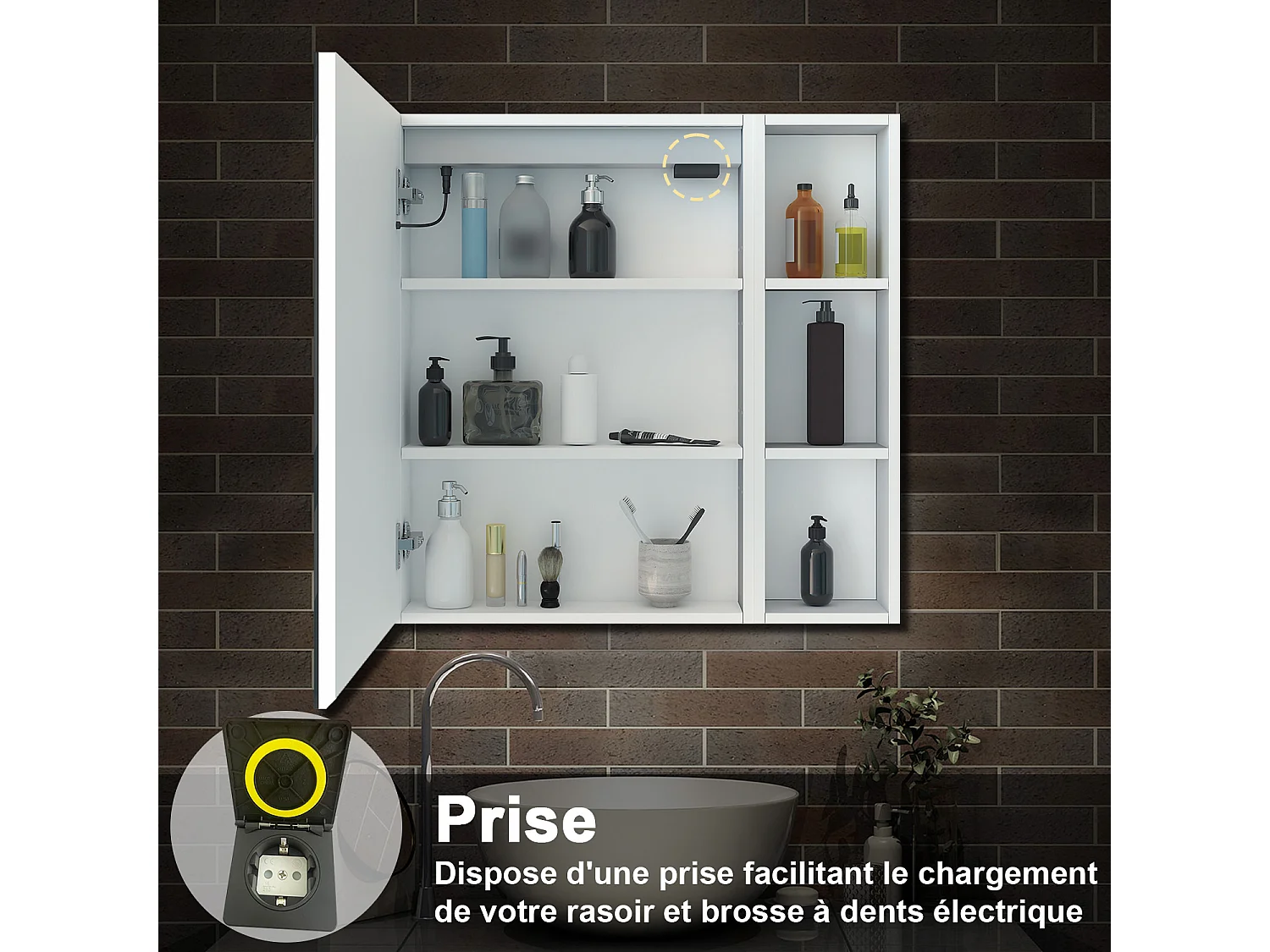 AICA Armoire murale de salle de bain LED, avec Prise Rasoir, 70x50cm, Anti-Buée + Tricolore, avec armoire latérale, Blanc