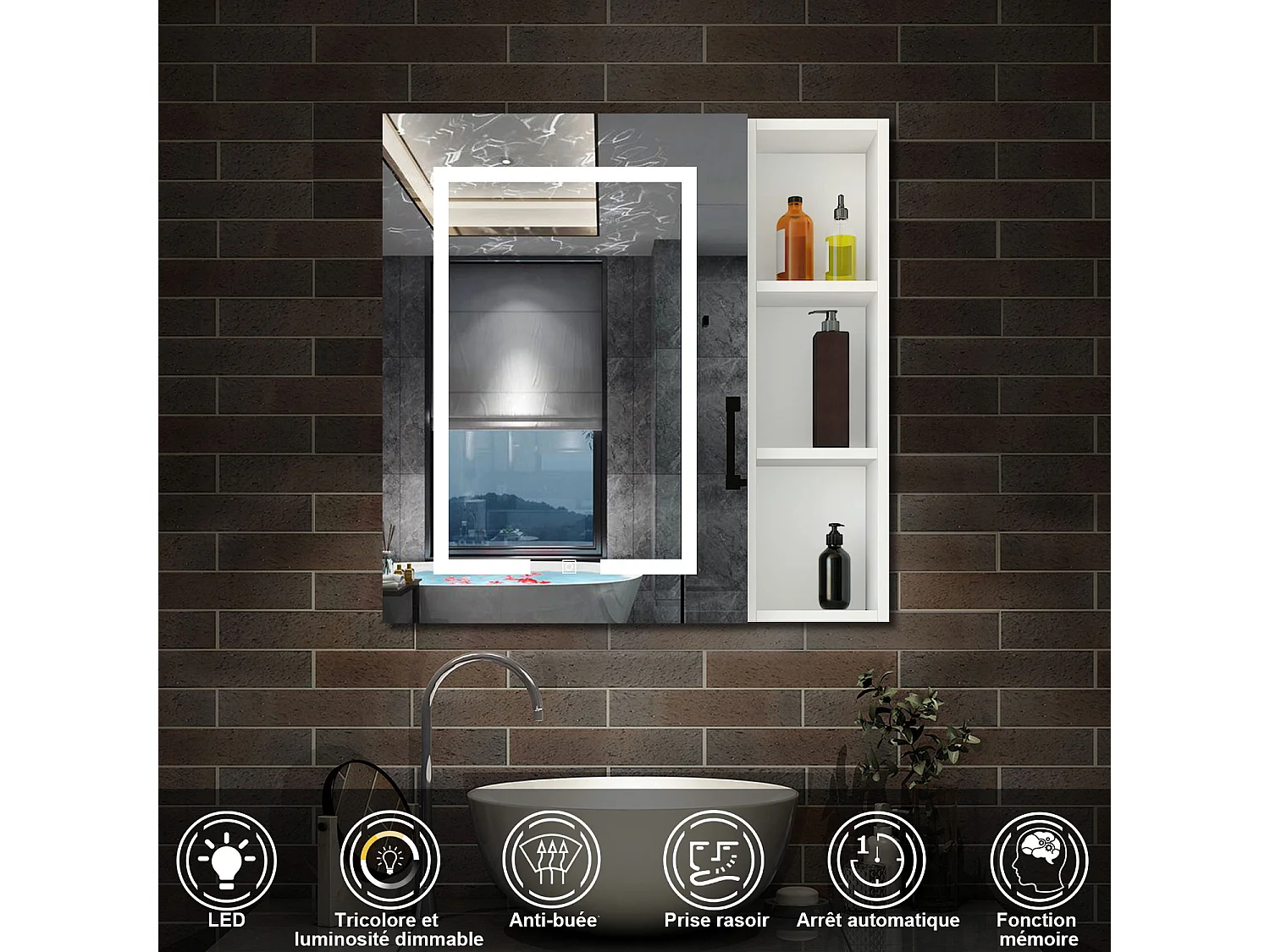 AICA Armoire murale de salle de bain LED, avec Prise Rasoir, 70x50cm, Anti-Buée + Tricolore, avec armoire latérale, Blanc