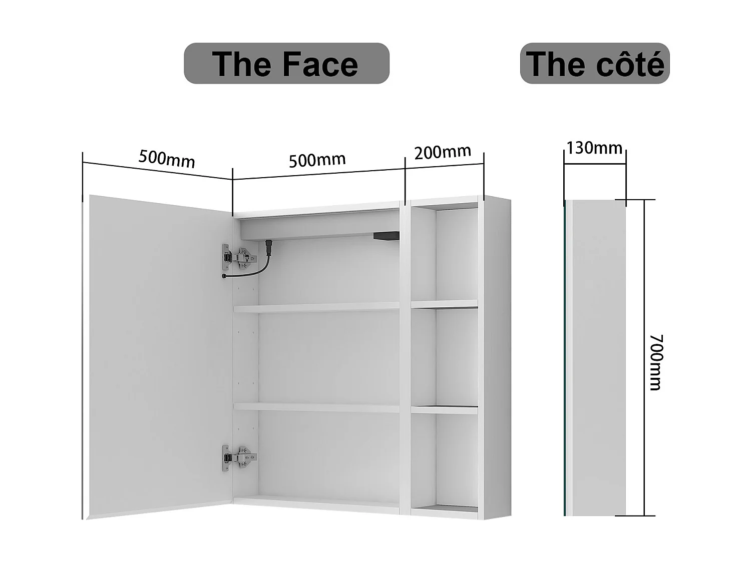 AICA Armoire murale de salle de bain LED, avec Prise Rasoir, 70x50cm, Anti-Buée + Tricolore, avec armoire latérale, Blanc
