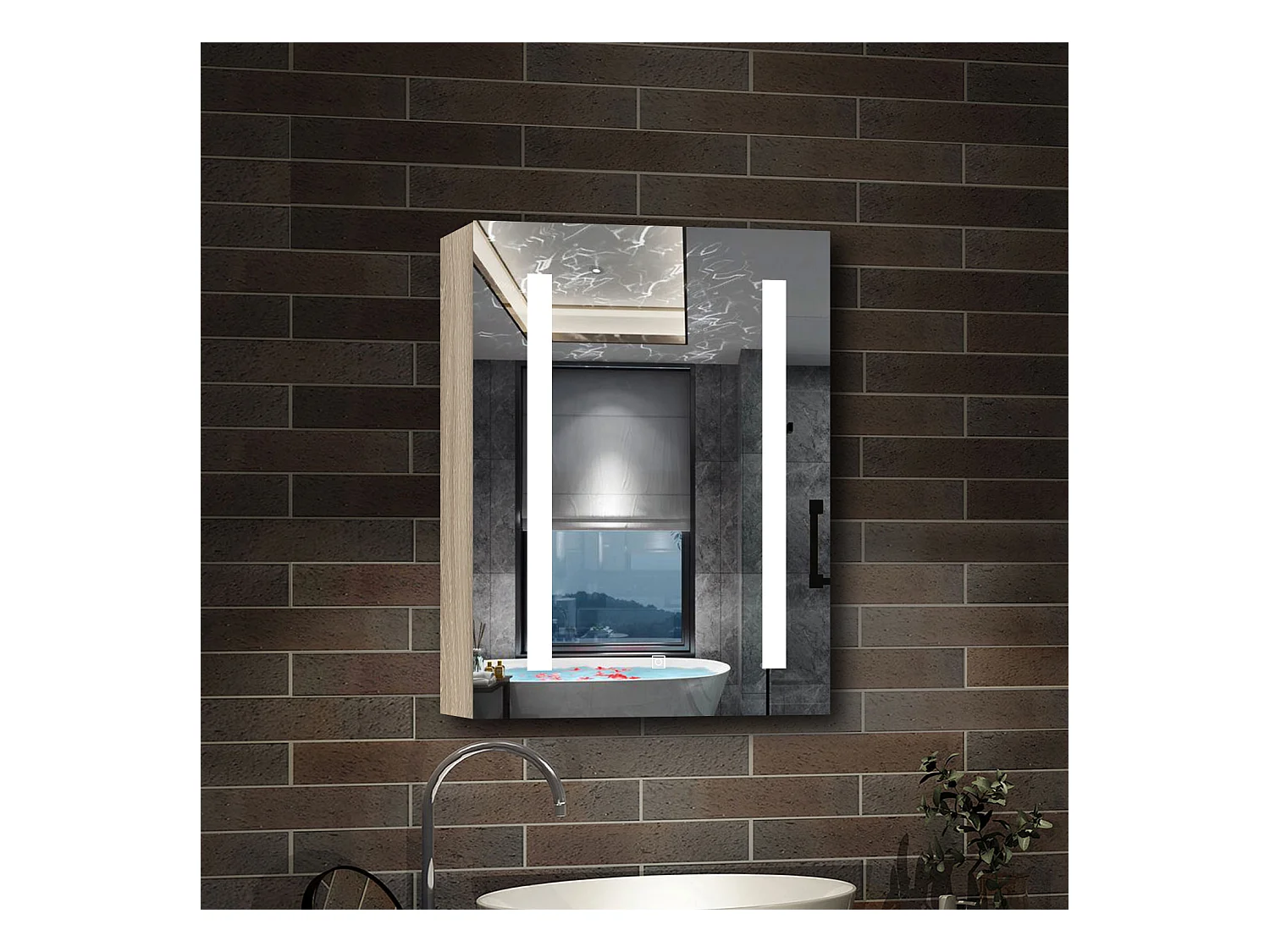 AICA Armoire murale de salle de bain LED, LED + Dimmable + Prise + Anti-Buée, 70x40cm, Chêne