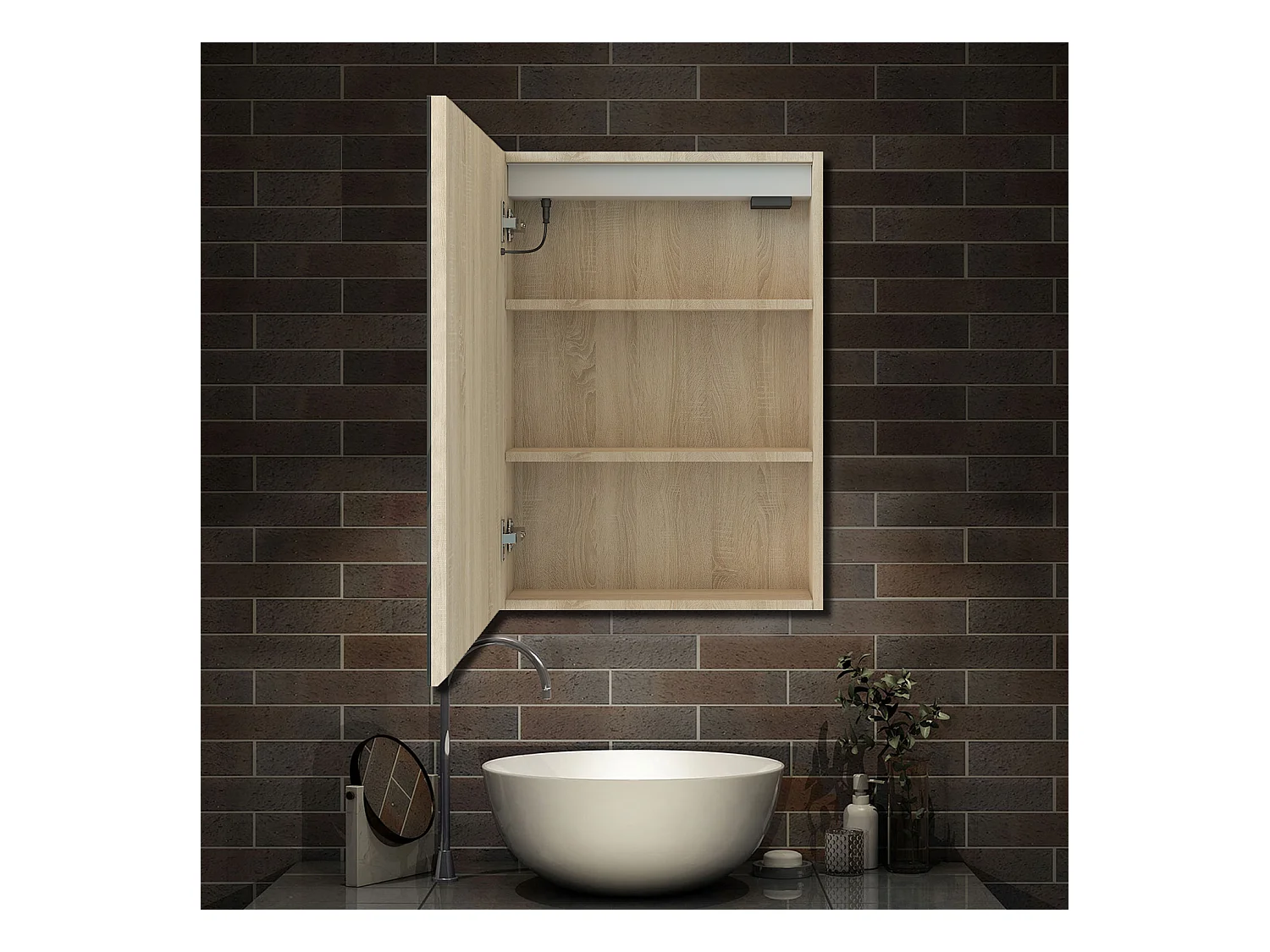 AICA Armoire murale de salle de bain LED, LED + Dimmable + Prise + Anti-Buée, 70x40cm, Chêne