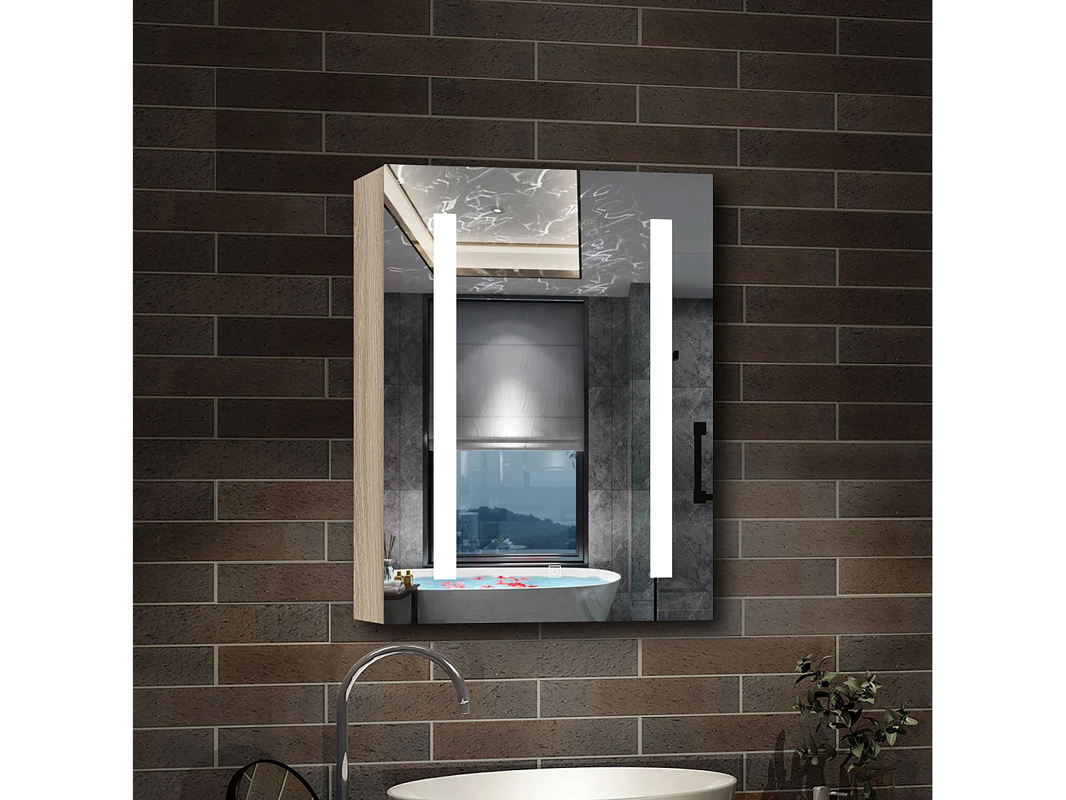 AICA Armoire murale de salle de bain LED, LED + Dimmable + Prise + Anti-Buée, 70x40cm, Chêne
