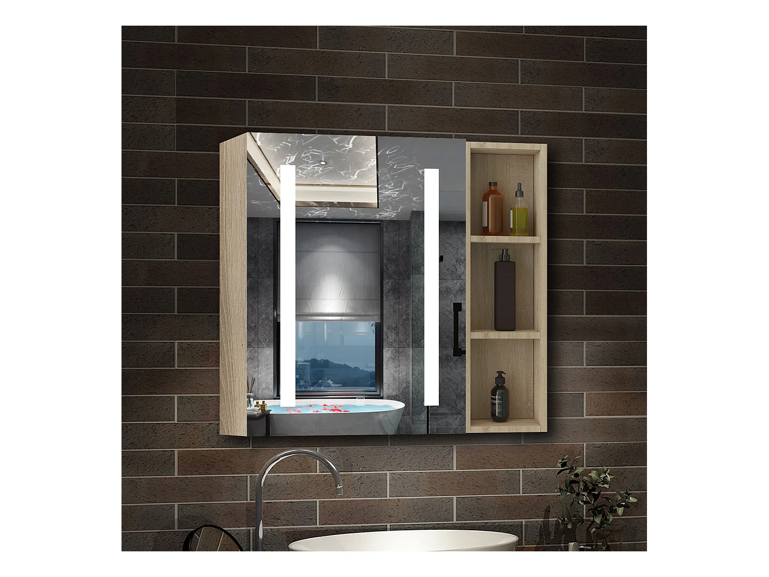 AICA Armoire murale de salle de bain LED, 70x50cm avec Prise Rasoir+Anti-Buée + Tricolore + Dimmable +armoire latérale, Chêne