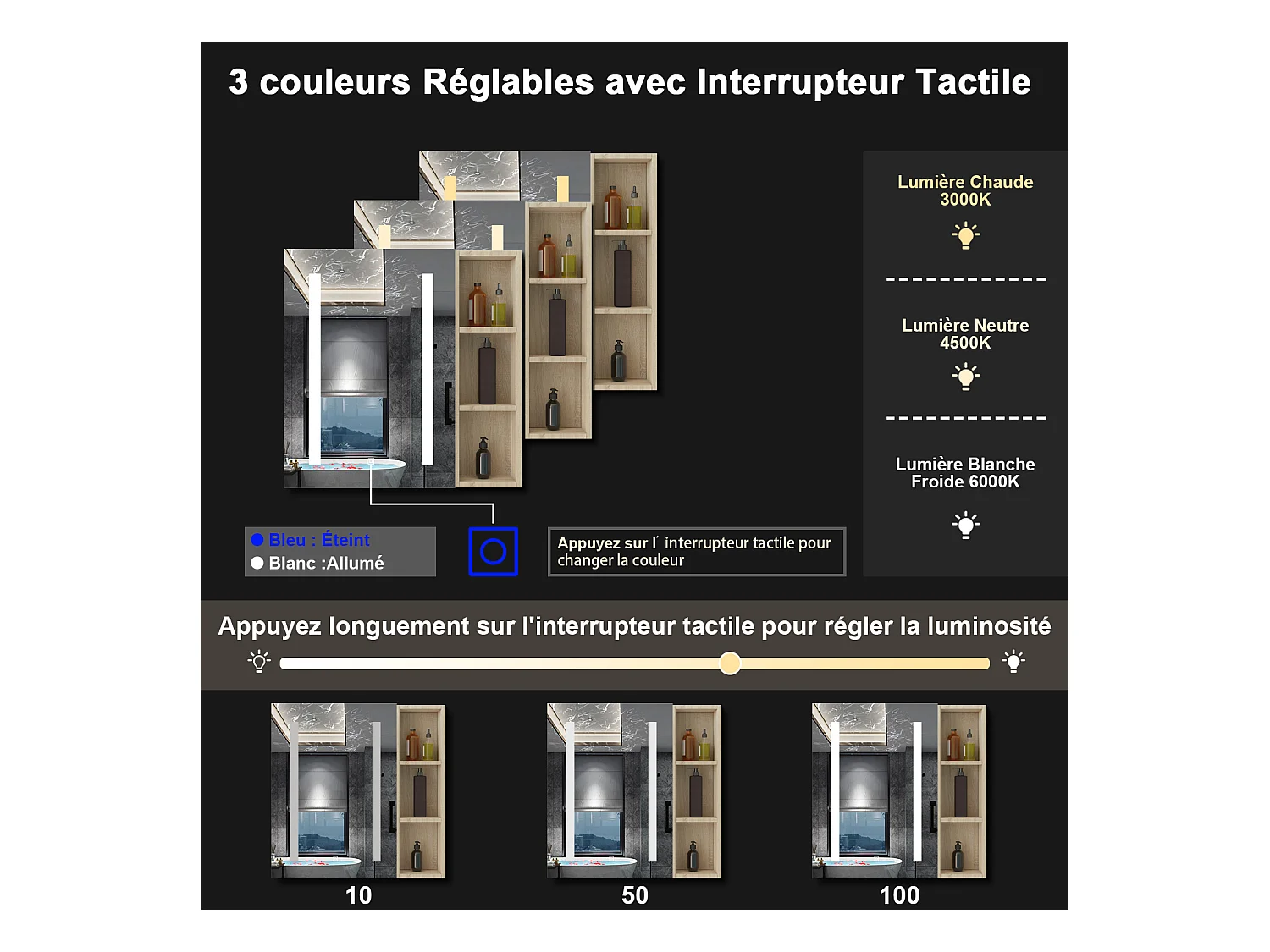 AICA Armoire murale de salle de bain LED, 70x50cm avec Prise Rasoir+Anti-Buée + Tricolore + Dimmable +armoire latérale, Chêne