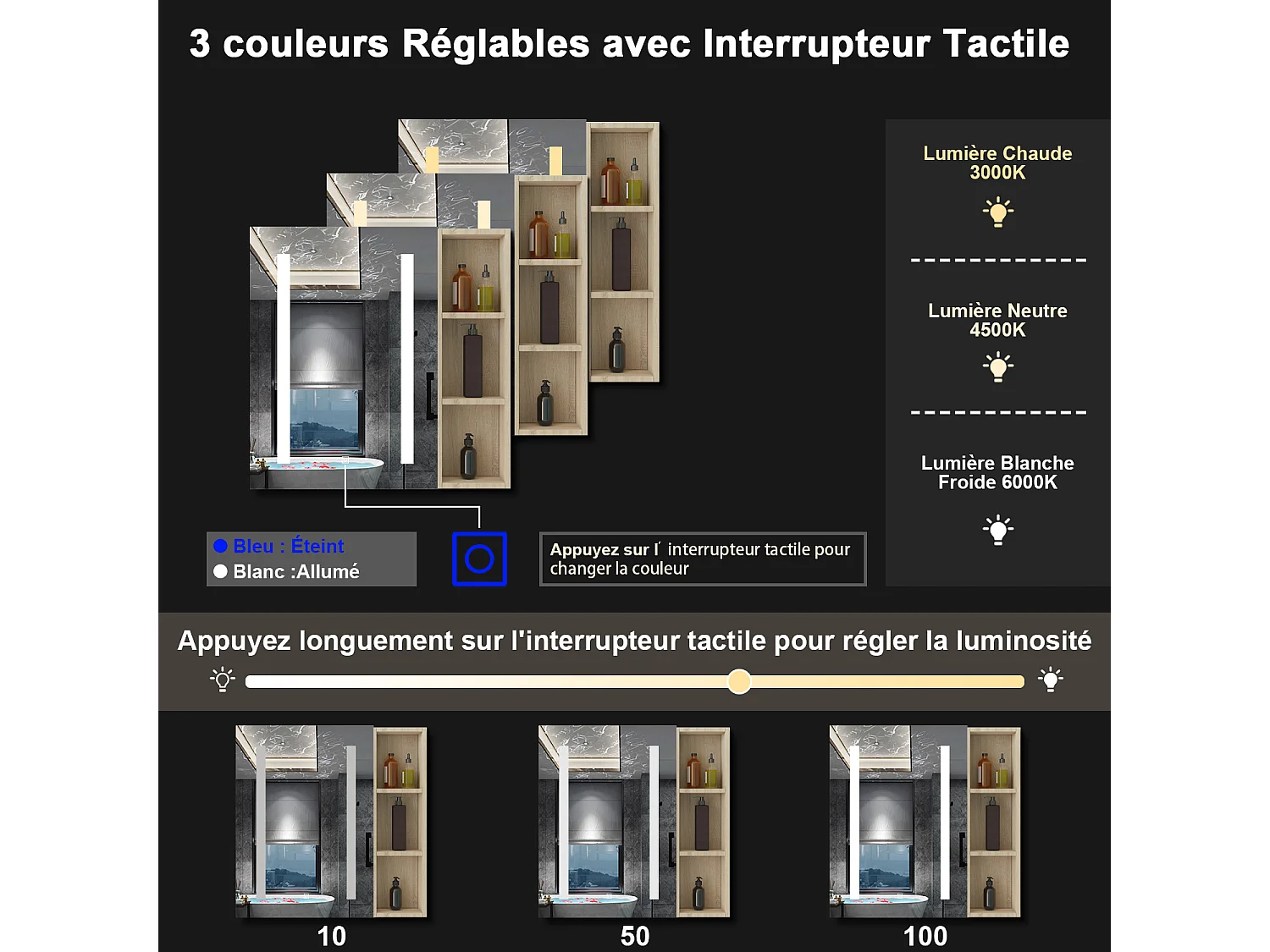 AICA Armoire murale de salle de bain LED, 70x50cm avec Prise Rasoir+Anti-Buée + Tricolore + Dimmable +armoire latérale, Chêne