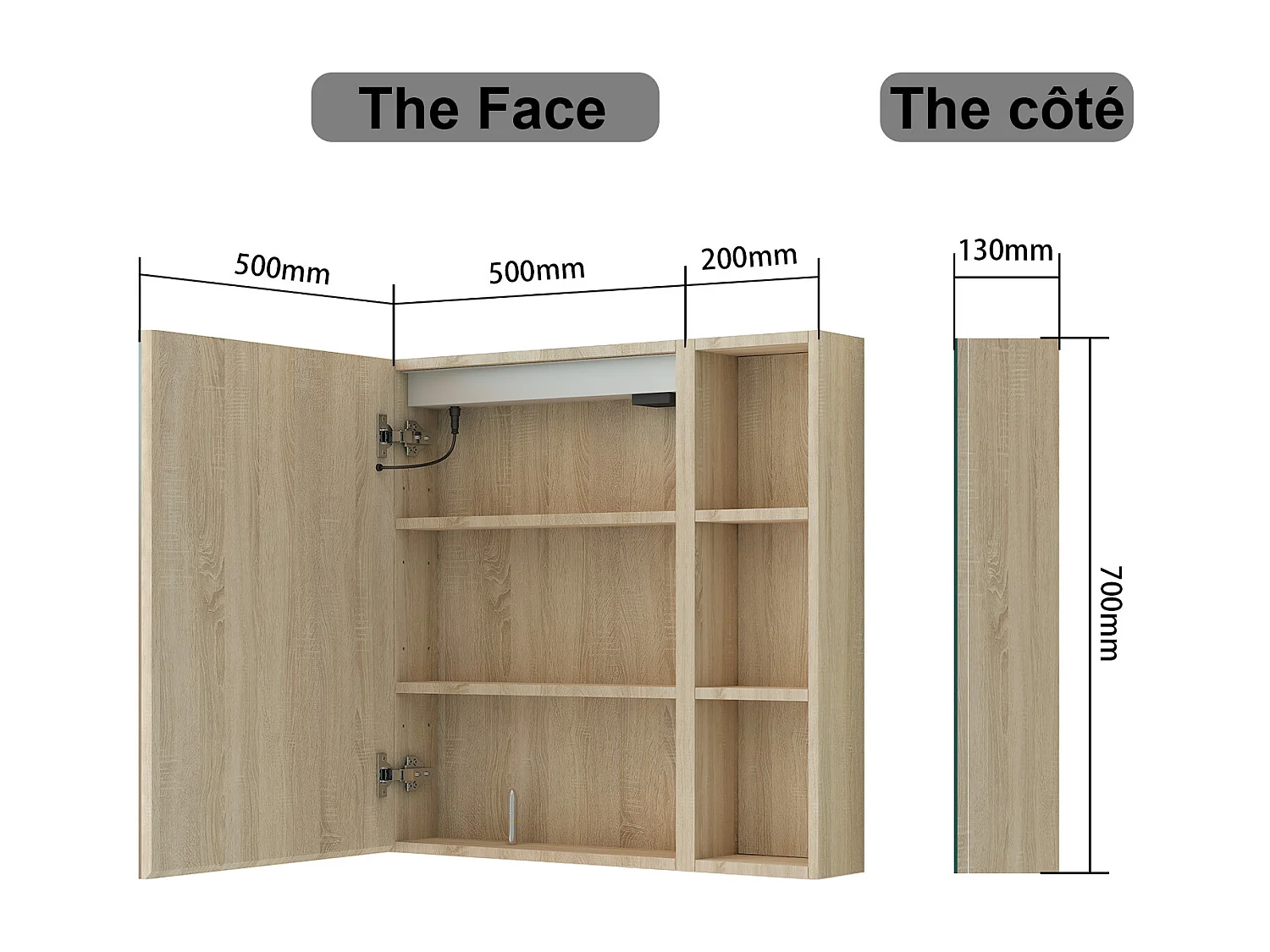 AICA Armoire murale de salle de bain LED, 70x50cm avec Prise Rasoir+Anti-Buée + Tricolore + Dimmable +armoire latérale, Chêne