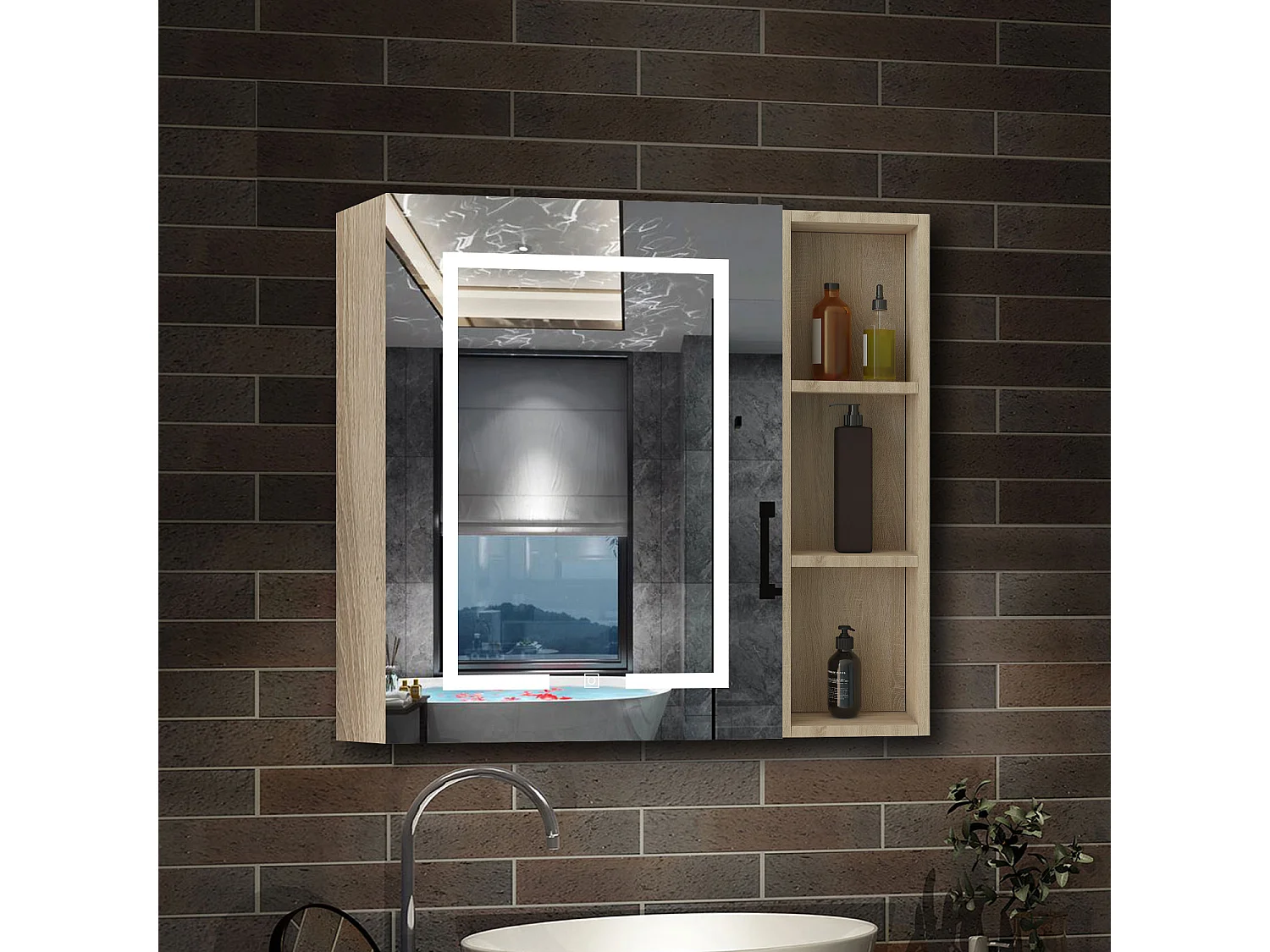 AICA Armoire murale de salle de bain LED, avec Prise Rasoir, 70x60cm, Anti-Buée + Tricolore, avec armoire latérale, Chêne