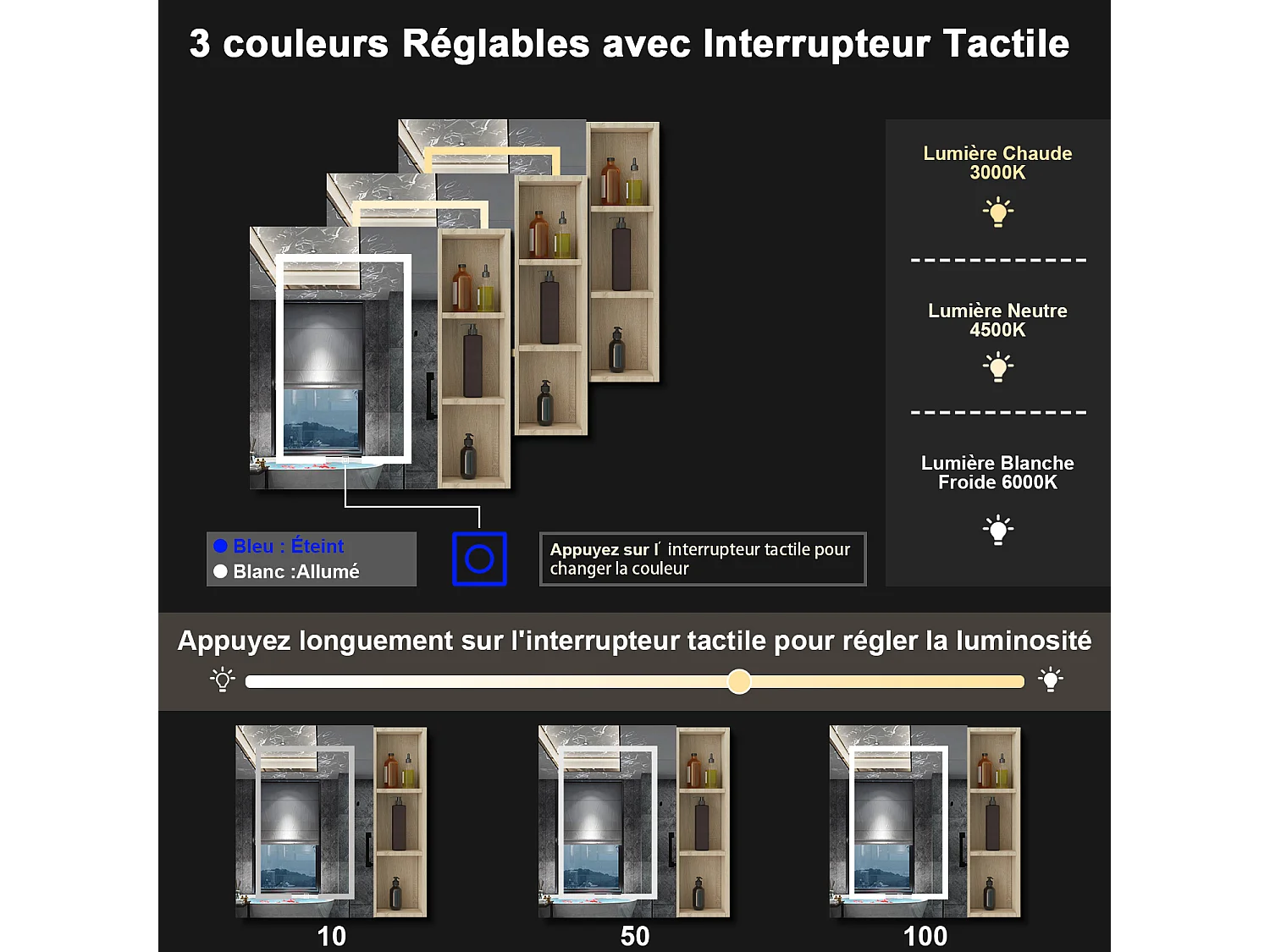 AICA Armoire murale de salle de bain LED, avec Prise Rasoir, 70x60cm, Anti-Buée + Tricolore, avec armoire latérale, Chêne