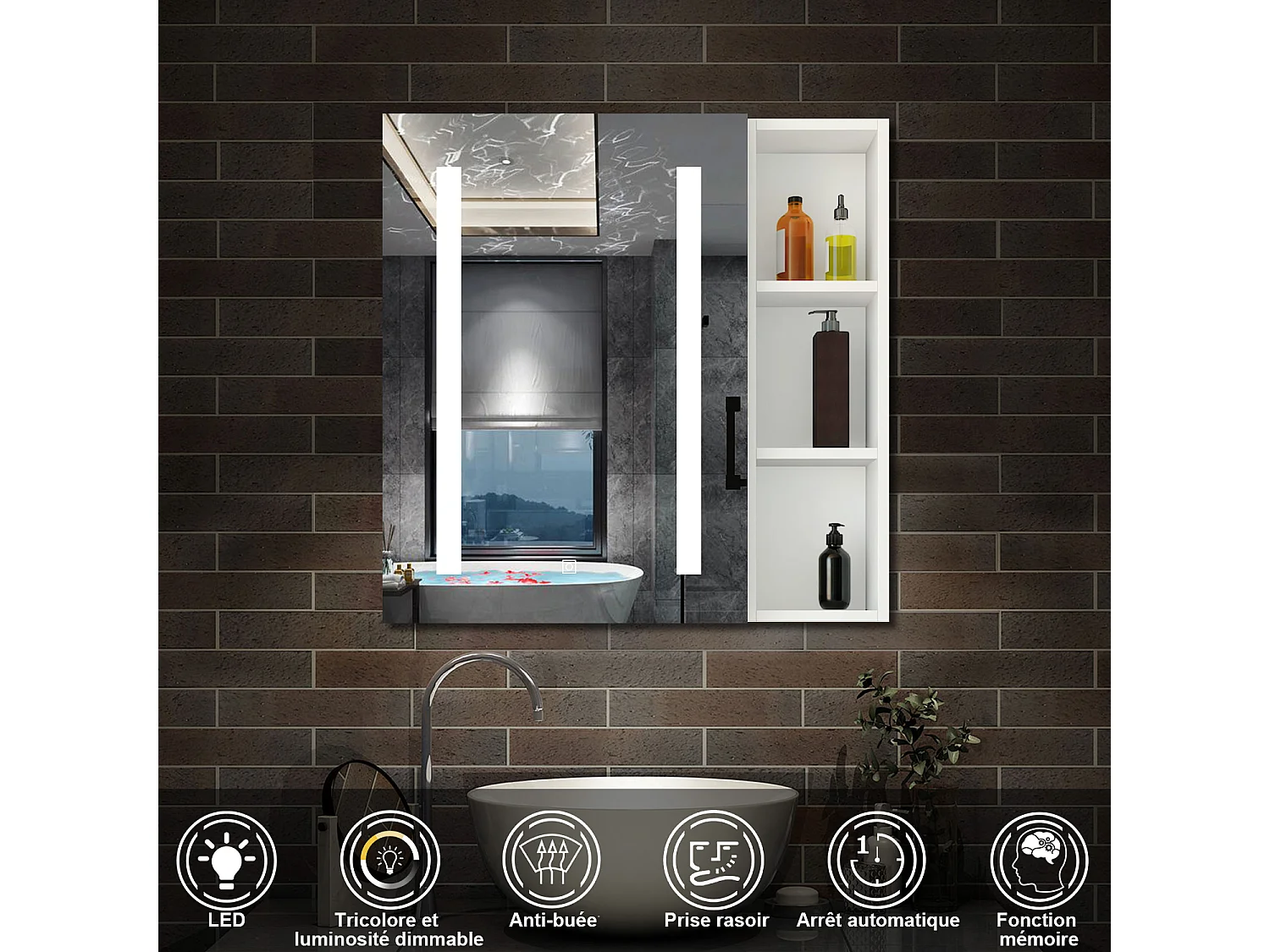 AICA Armoire murale de salle de bain LED, 70x60cm avec Prise Rasoir+Anti-Buée + Tricolore + Dimmable +armoire latérale, Blanc