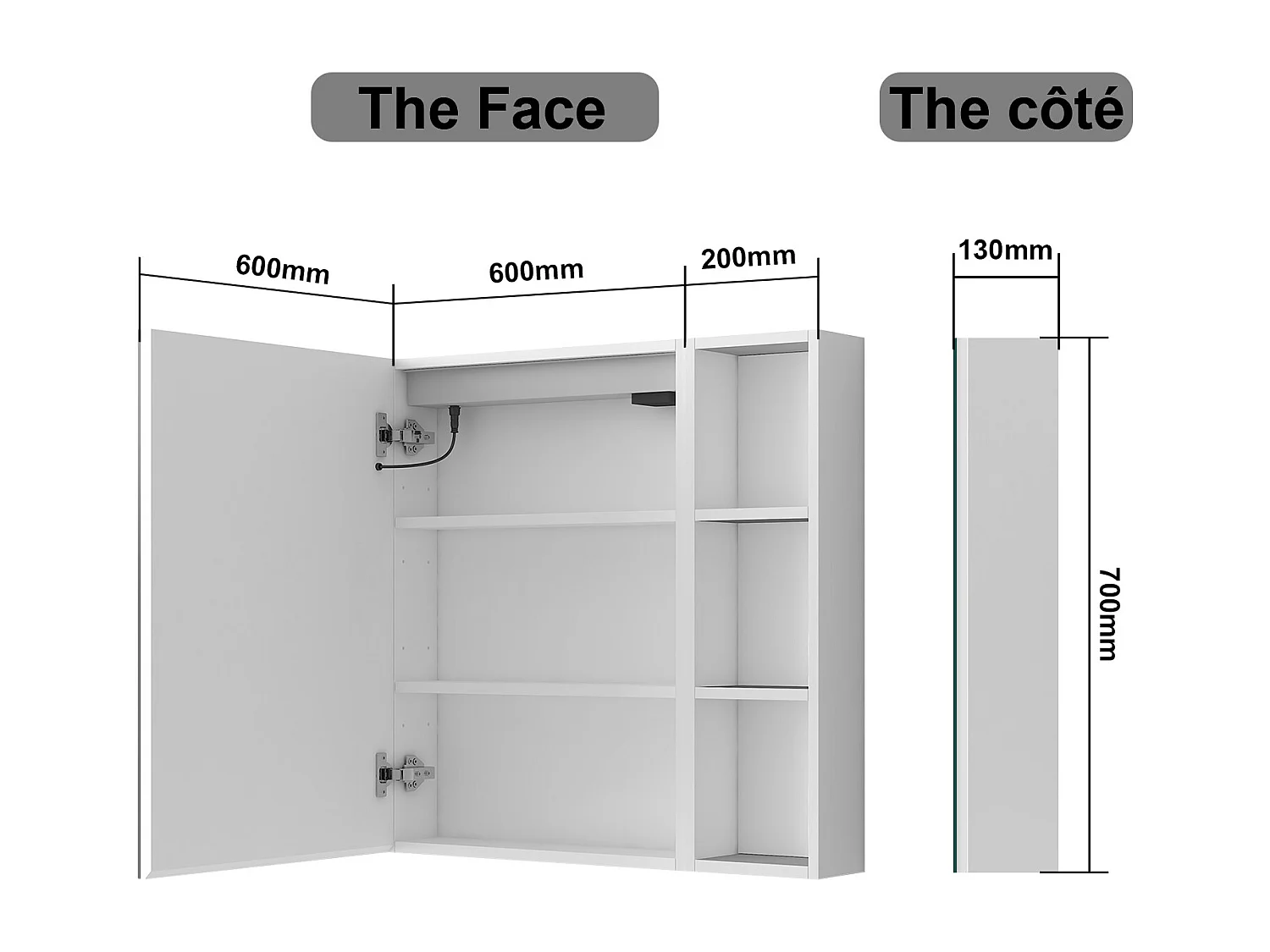 AICA Armoire murale de salle de bain LED, 70x60cm avec Prise Rasoir+Anti-Buée + Tricolore + Dimmable +armoire latérale, Blanc