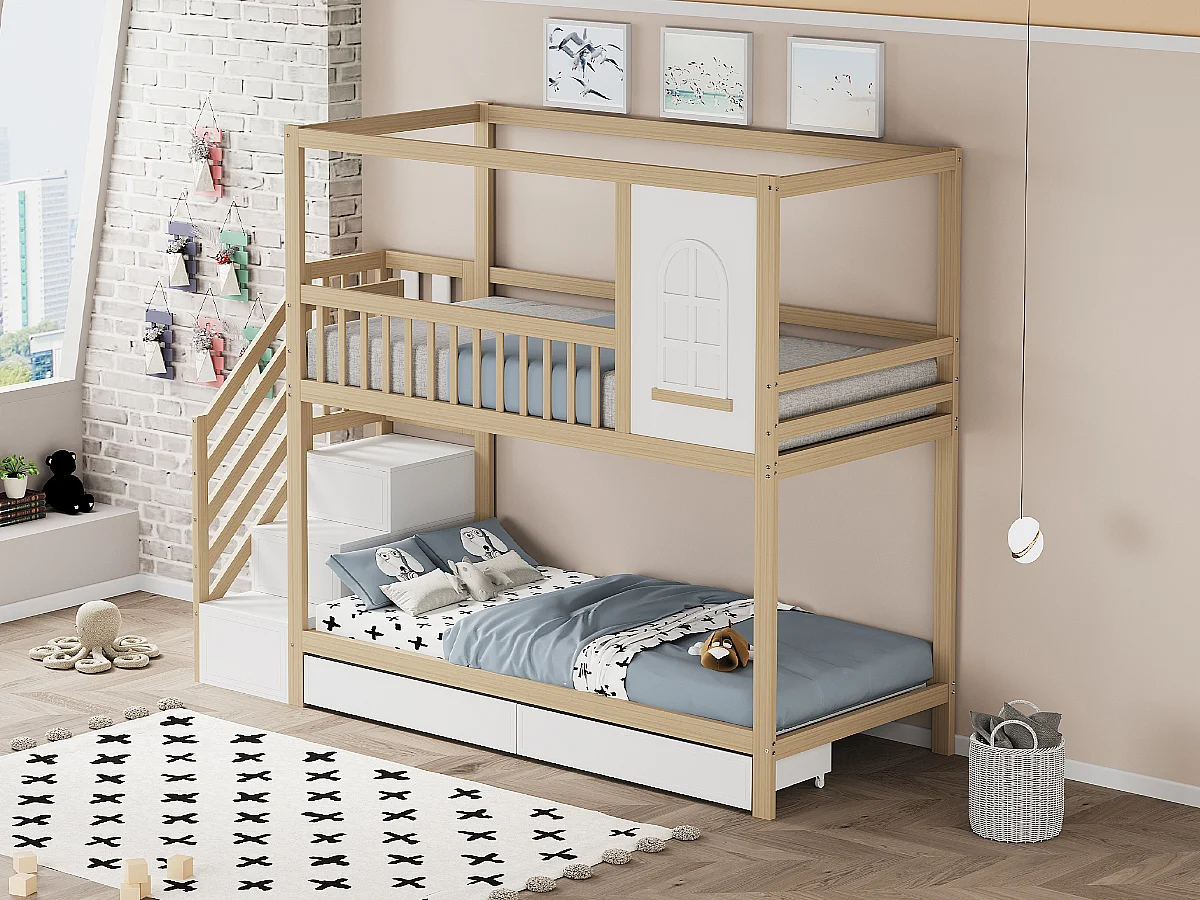 Etagenbetten 2 x 90 x 200 cm mit 2 Schubladen + Ablageböden + Treppe - Massivholz - Natur + Weiß