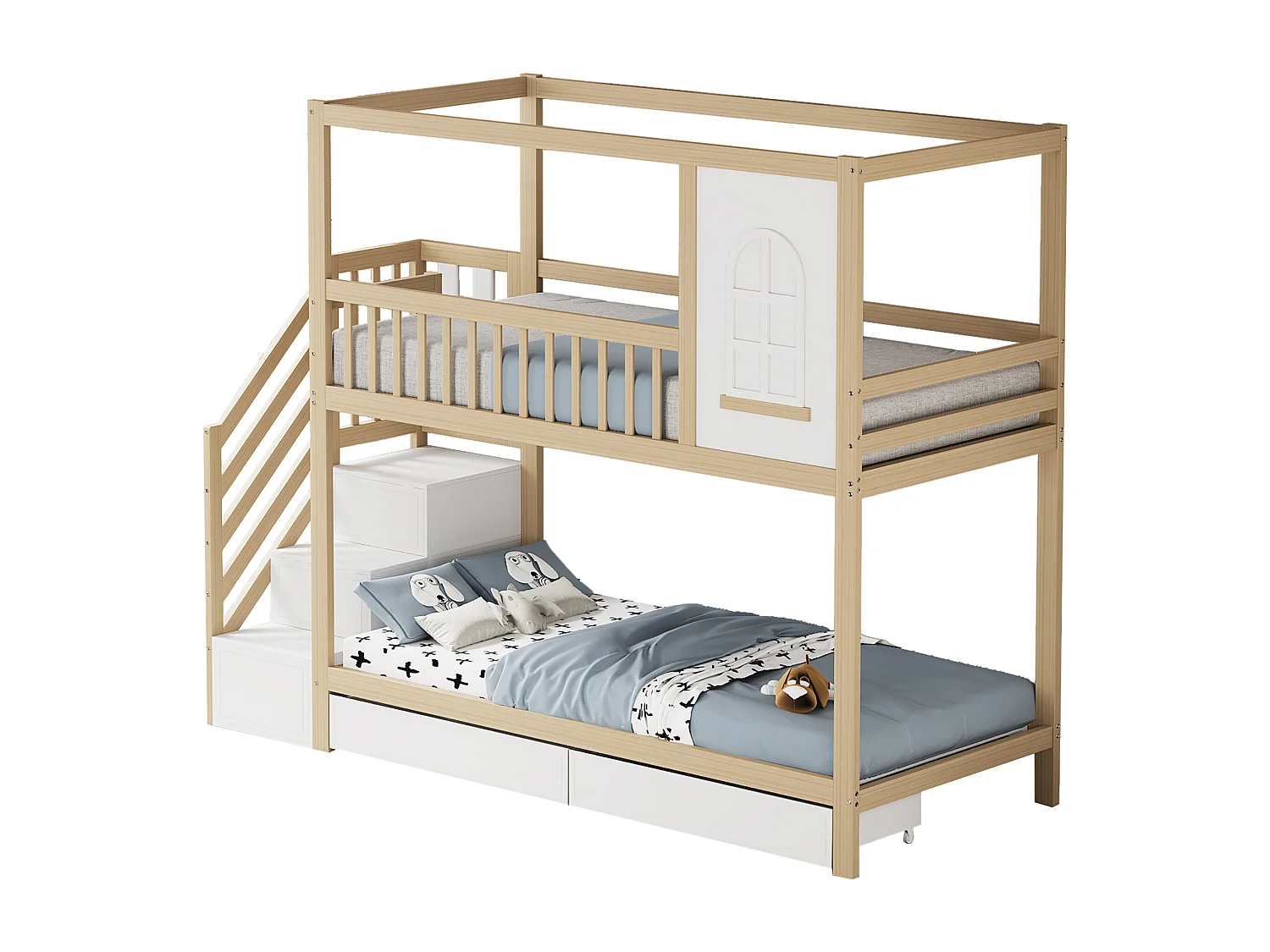 Etagenbetten 2 x 90 x 200 cm mit 2 Schubladen + Ablageböden + Treppe - Massivholz - Natur + Weiß