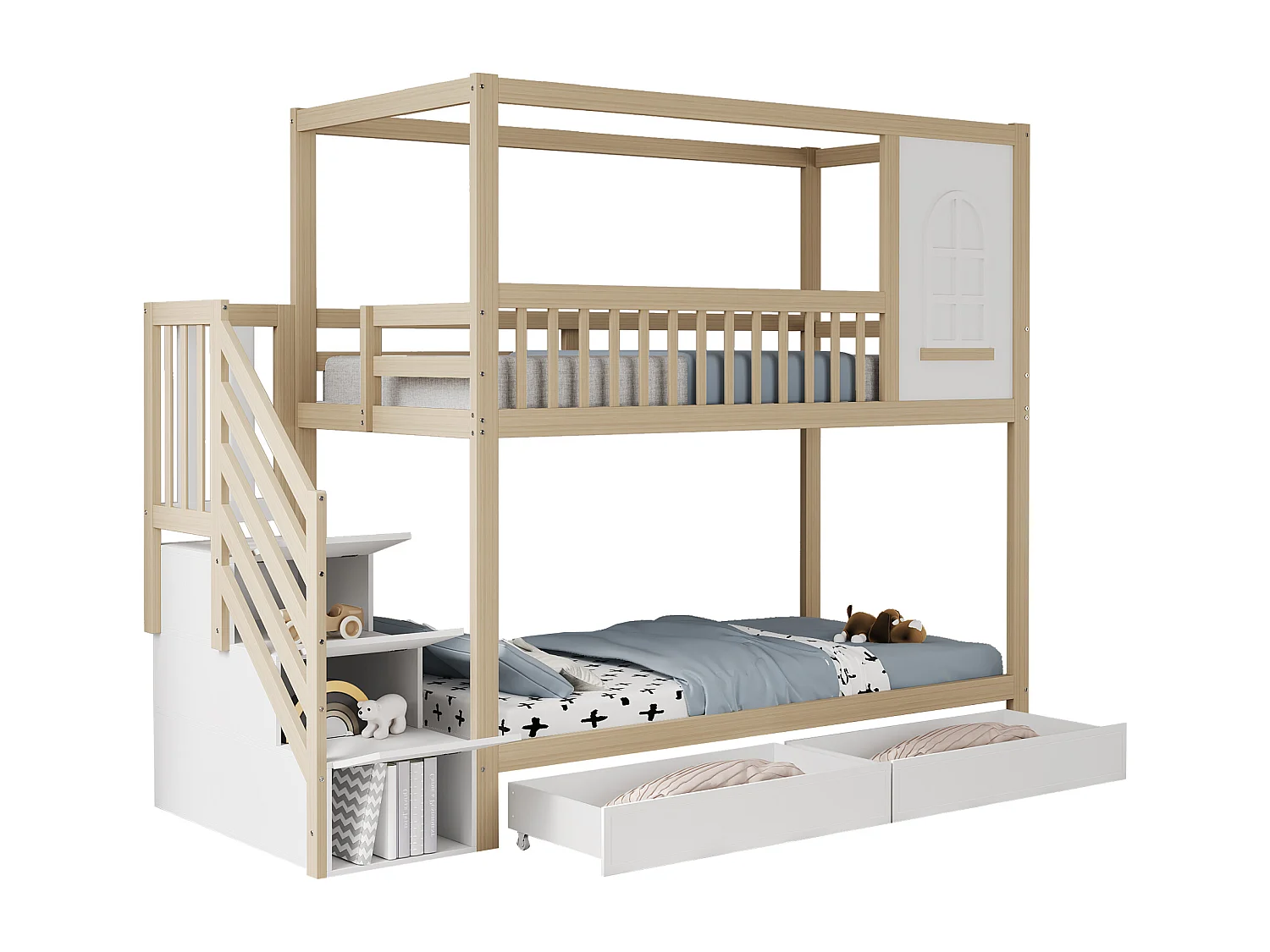 Etagenbetten 2 x 90 x 200 cm mit 2 Schubladen + Ablageböden + Treppe - Massivholz - Natur + Weiß