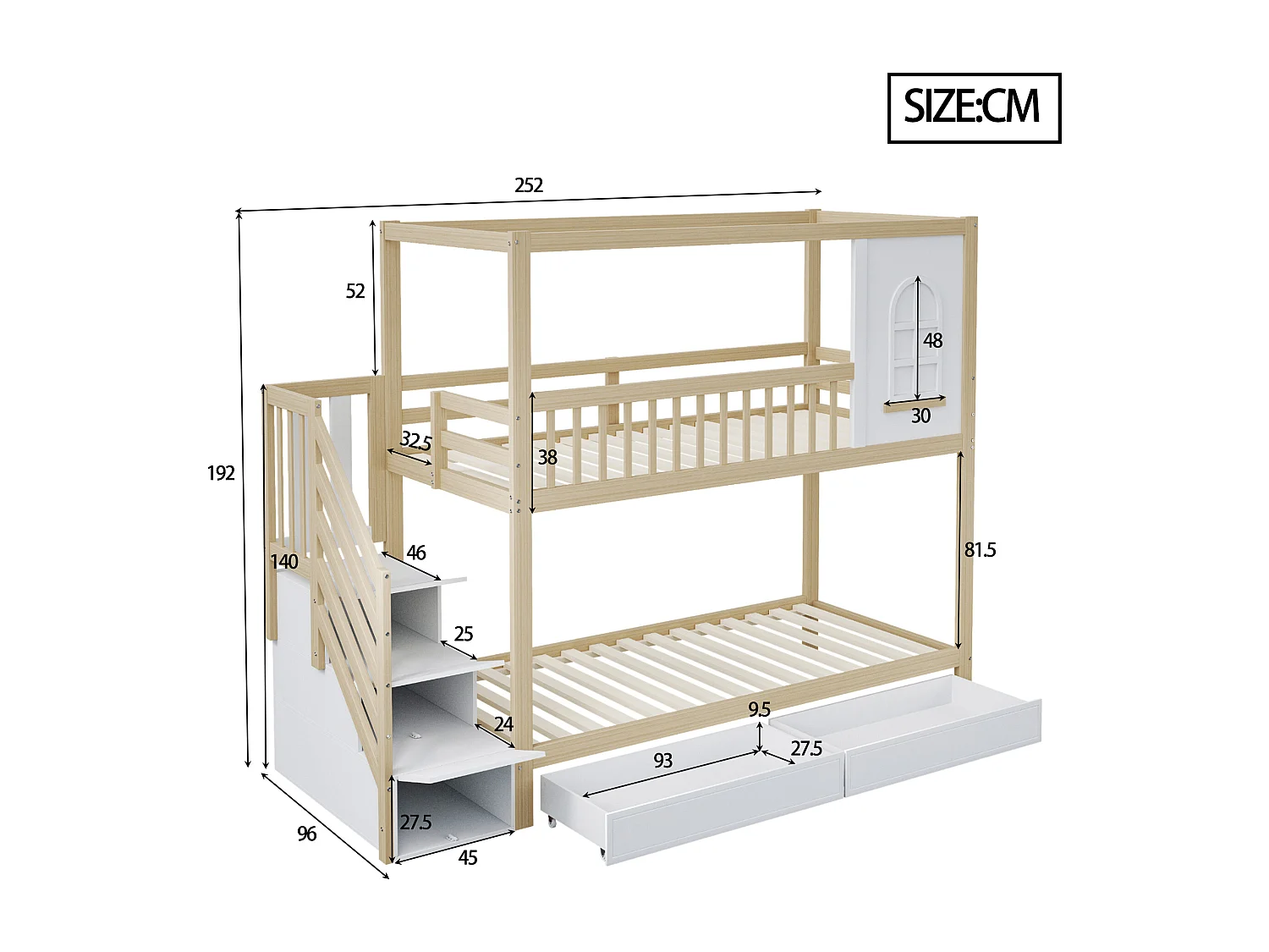 Etagenbetten 2 x 90 x 200 cm mit 2 Schubladen + Ablageböden + Treppe - Massivholz - Natur + Weiß