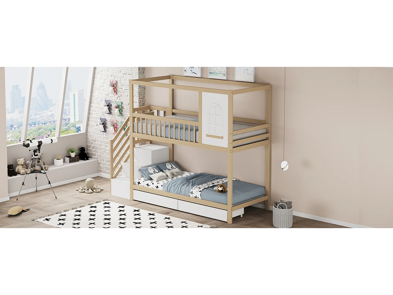 Lits superposés 2 x 90 x 200 cm avec 2 tiroirs + étaères de rangement + escalier - bois massif - naturel + blanc