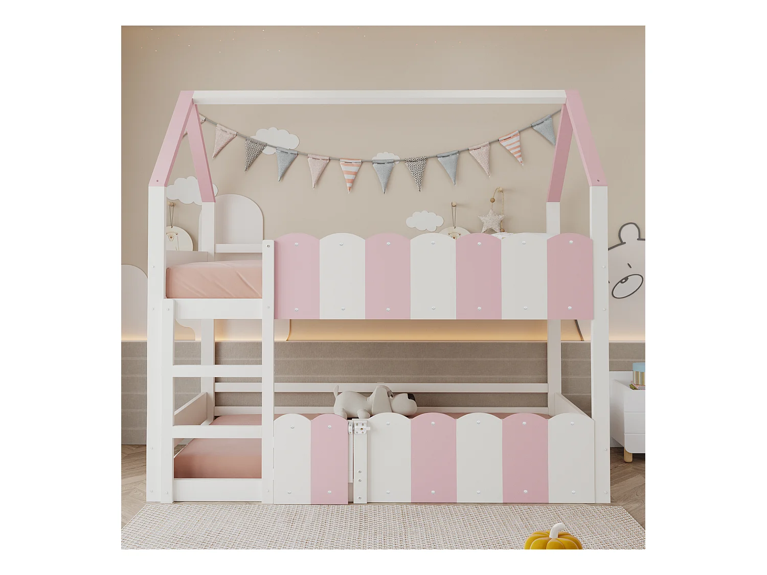 Litera infantil - 2 x 90 x 200 cm - diseño de casa con barandillas de seguridad - madera - rosa + blanco