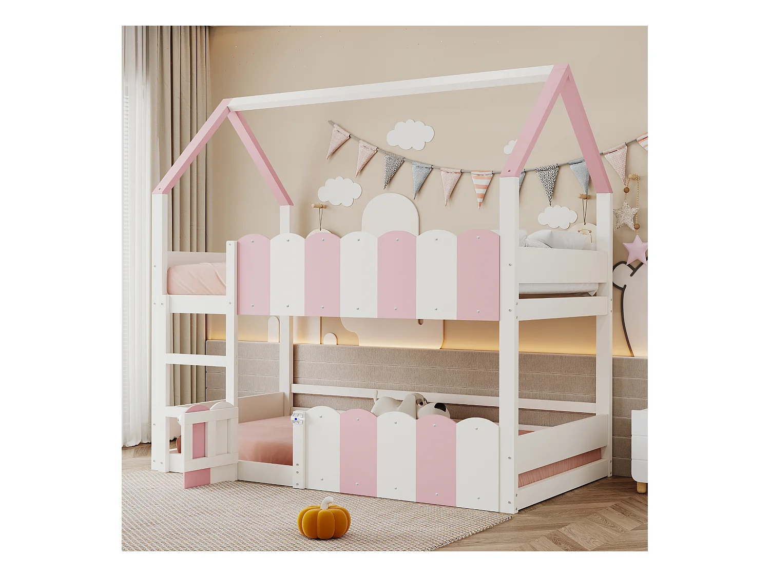 Litera infantil - 2 x 90 x 200 cm - diseño de casa con barandillas de seguridad - madera - rosa + blanco