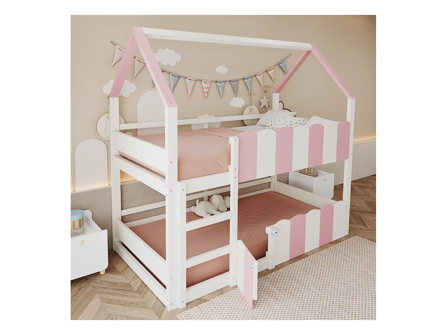 Litera infantil - 2 x 90 x 200 cm - diseño de casa con barandillas de seguridad - madera - rosa + blanco