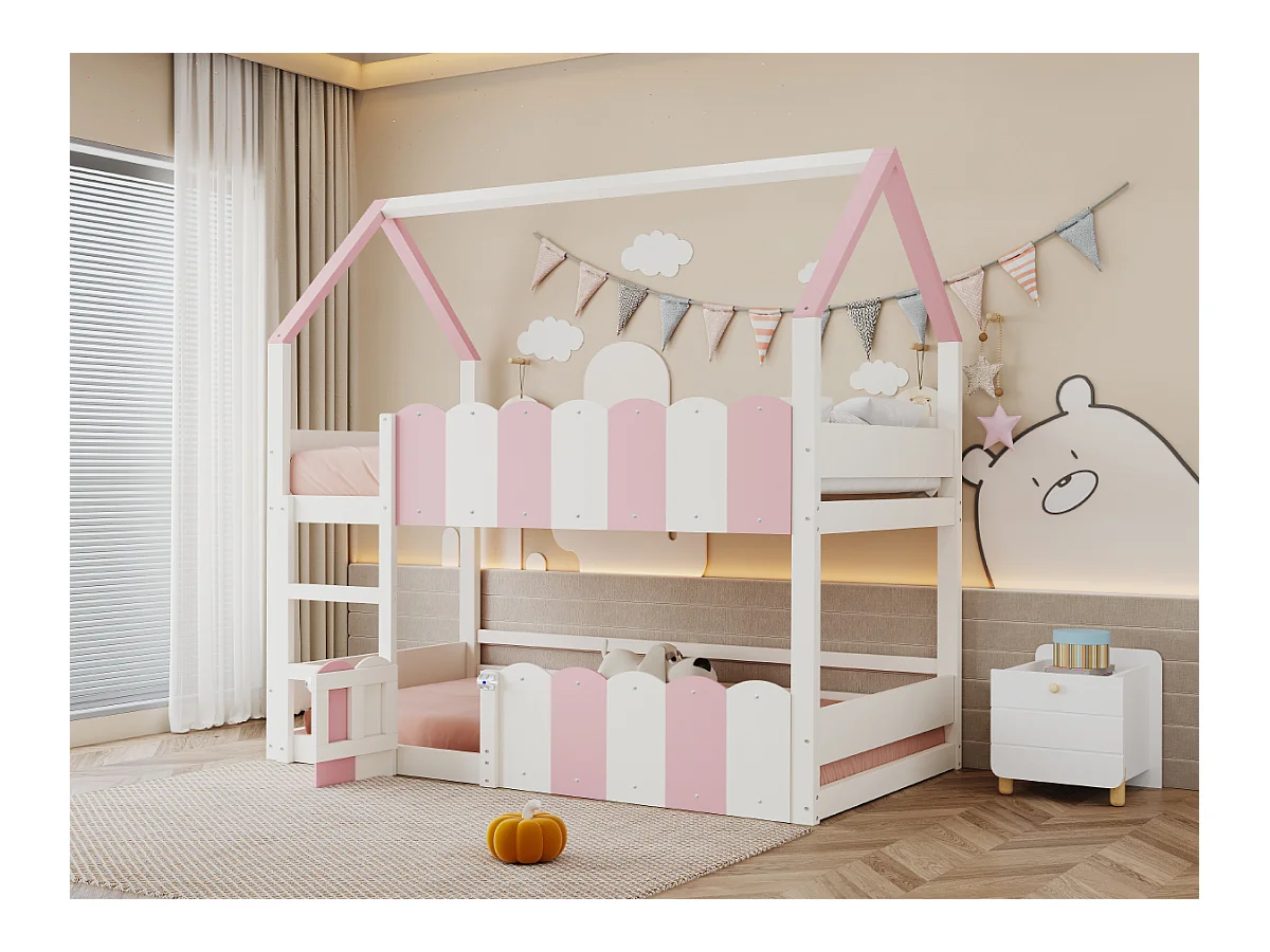 Litera infantil - 2 x 90 x 200 cm - diseño de casa con barandillas de seguridad - madera - rosa + blanco