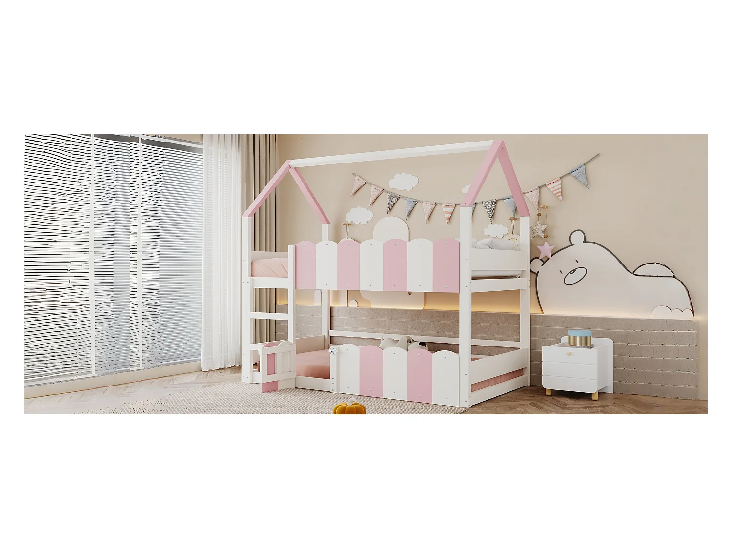 Litera infantil - 2 x 90 x 200 cm - diseño de casa con barandillas de seguridad - madera - rosa + blanco