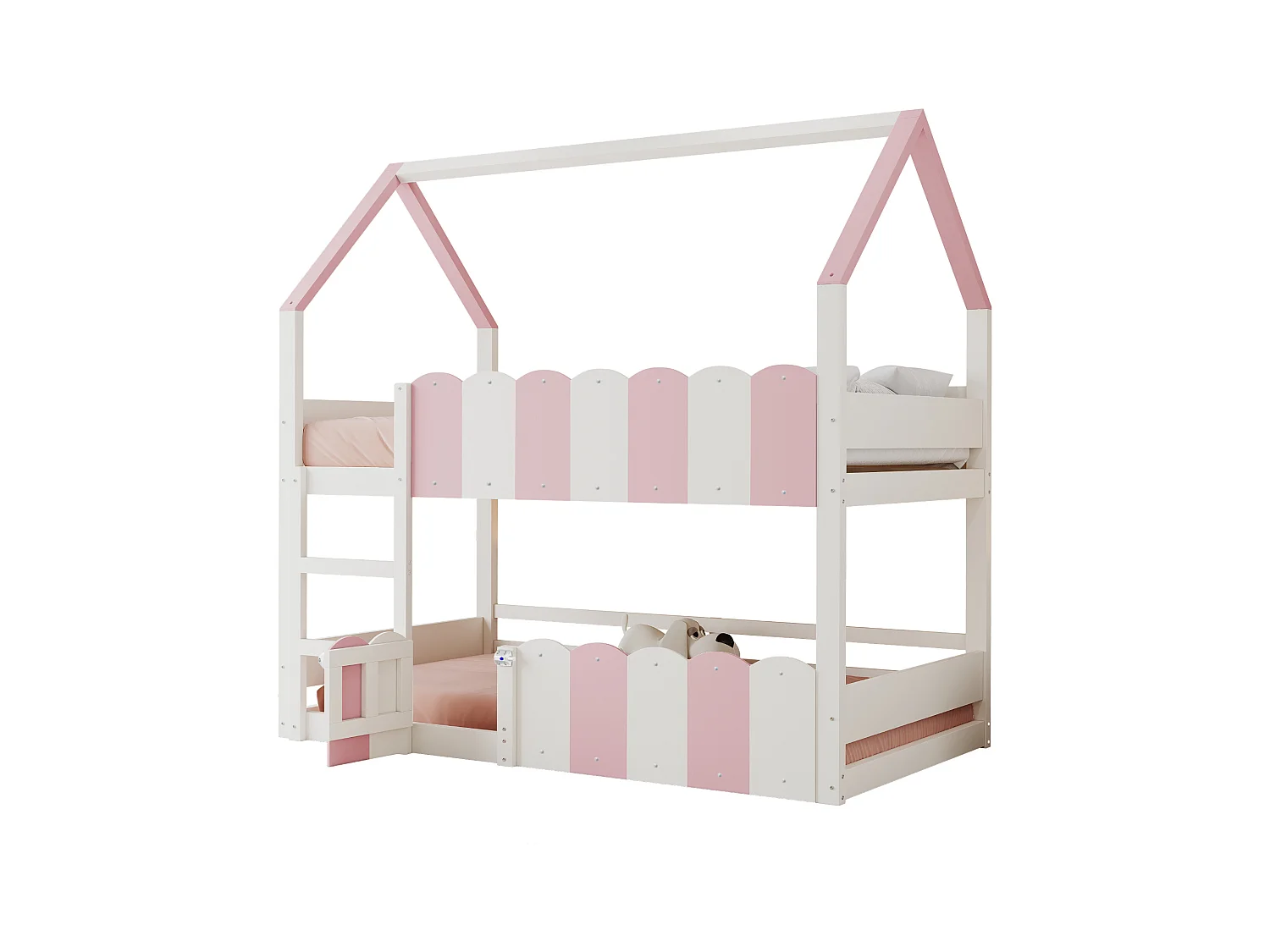 Litera infantil - 2 x 90 x 200 cm - diseño de casa con barandillas de seguridad - madera - rosa + blanco