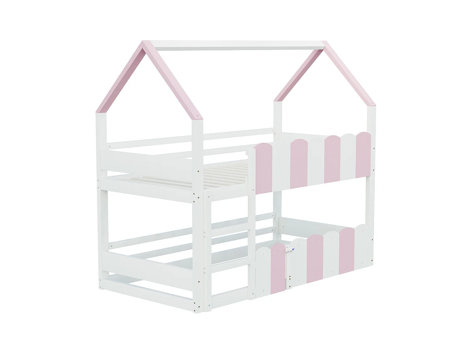 Litera infantil - 2 x 90 x 200 cm - diseño de casa con barandillas de seguridad - madera - rosa + blanco