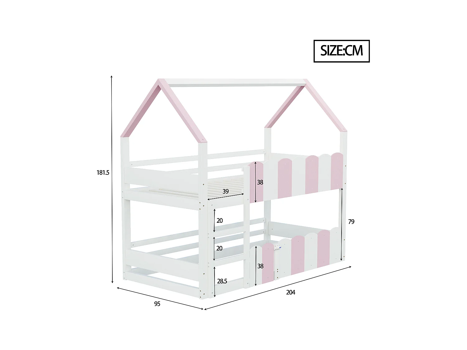 Litera infantil - 2 x 90 x 200 cm - diseño de casa con barandillas de seguridad - madera - rosa + blanco